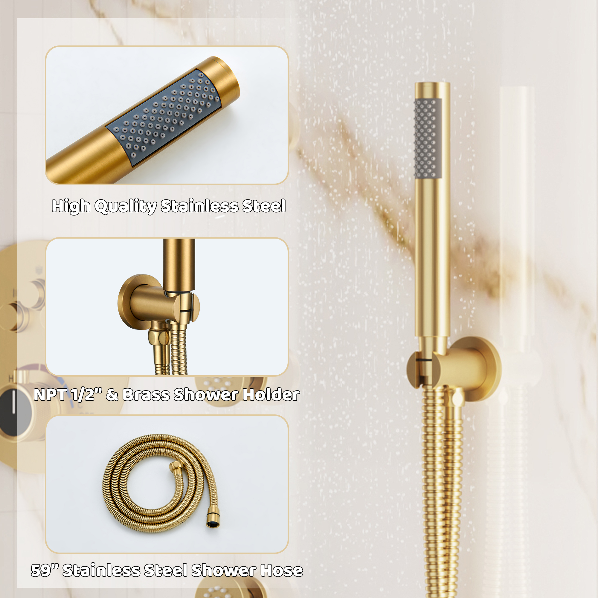 12" Round Rainfall Shower System with 6 Adjustable Body Jets