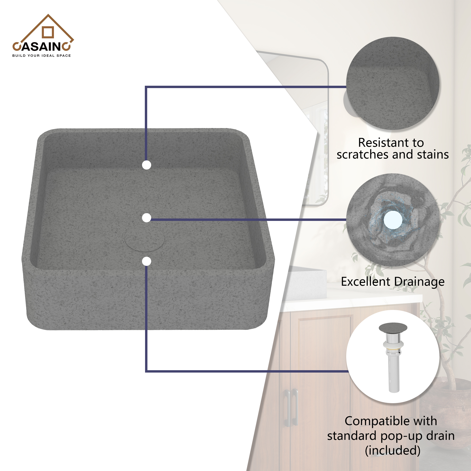 15in Bathroom Concrete Square Vessel Sink with Drainer in Mottled Bluish Grey / Cold Concrete Grey / Taupe Clay