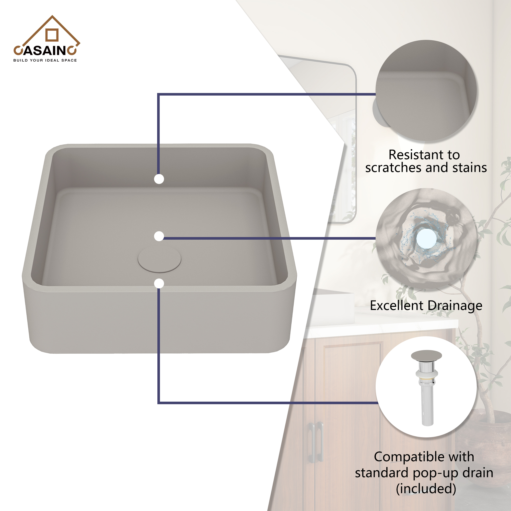 15in Bathroom Concrete Square Vessel Sink with Drainer in Mottled Bluish Grey / Cold Concrete Grey / Taupe Clay