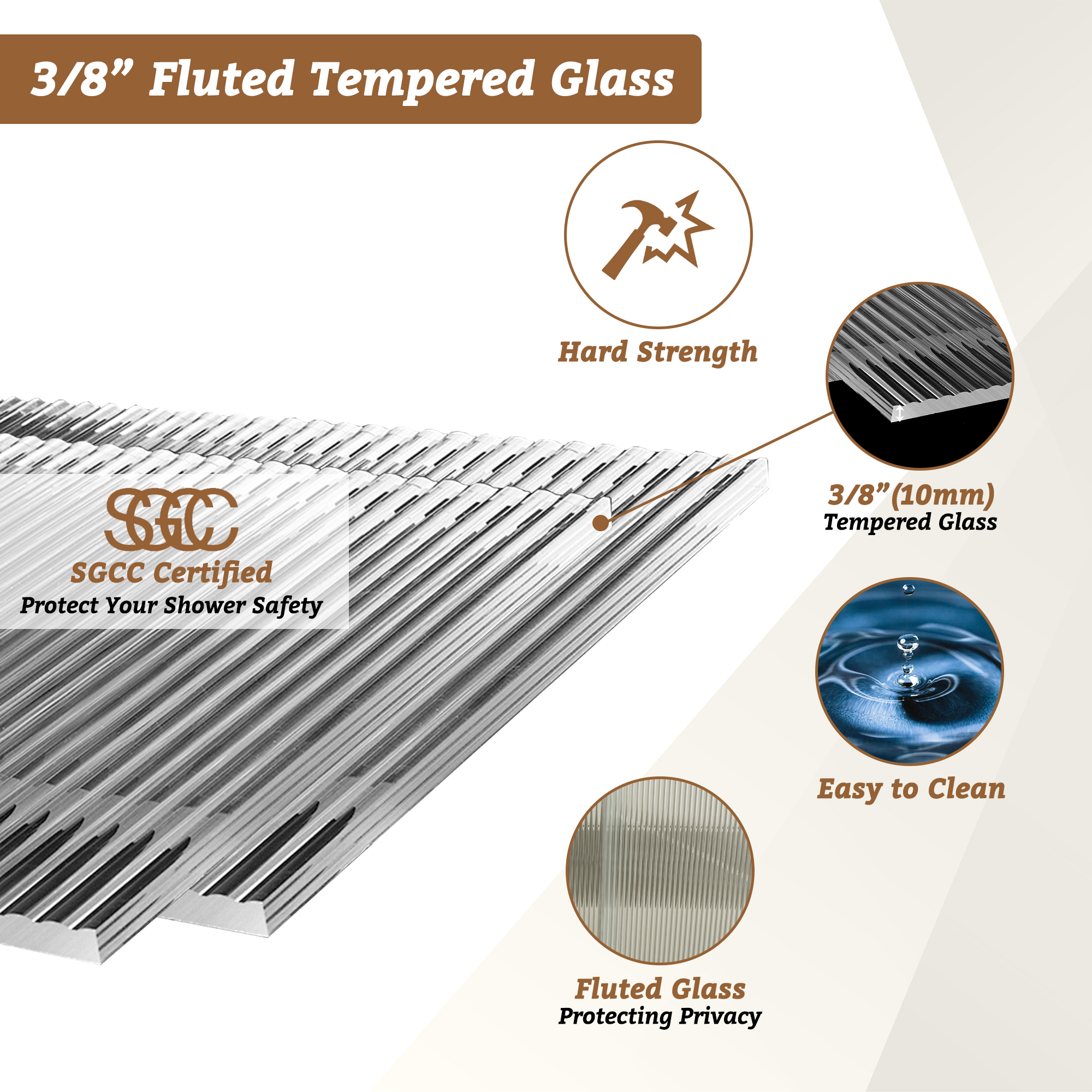 60"x76" Single Sliding Frameless Shower Door with SGCC Certified Fluted Tempered Glass