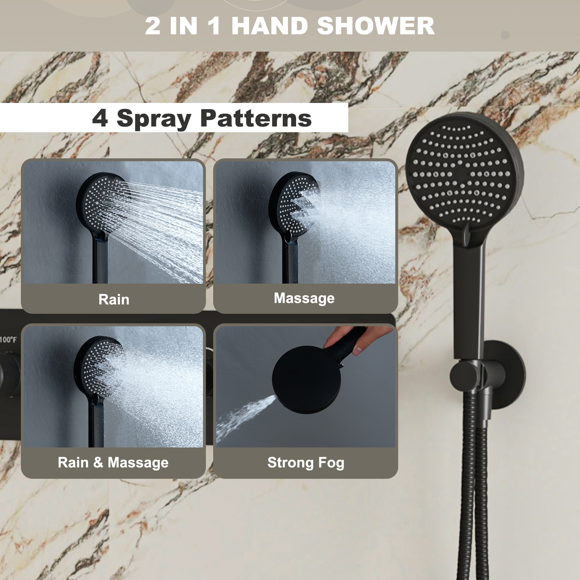 22.56" x 11.22" Flush-Mounted 4-Function Thermostatic Dual Shower Head System