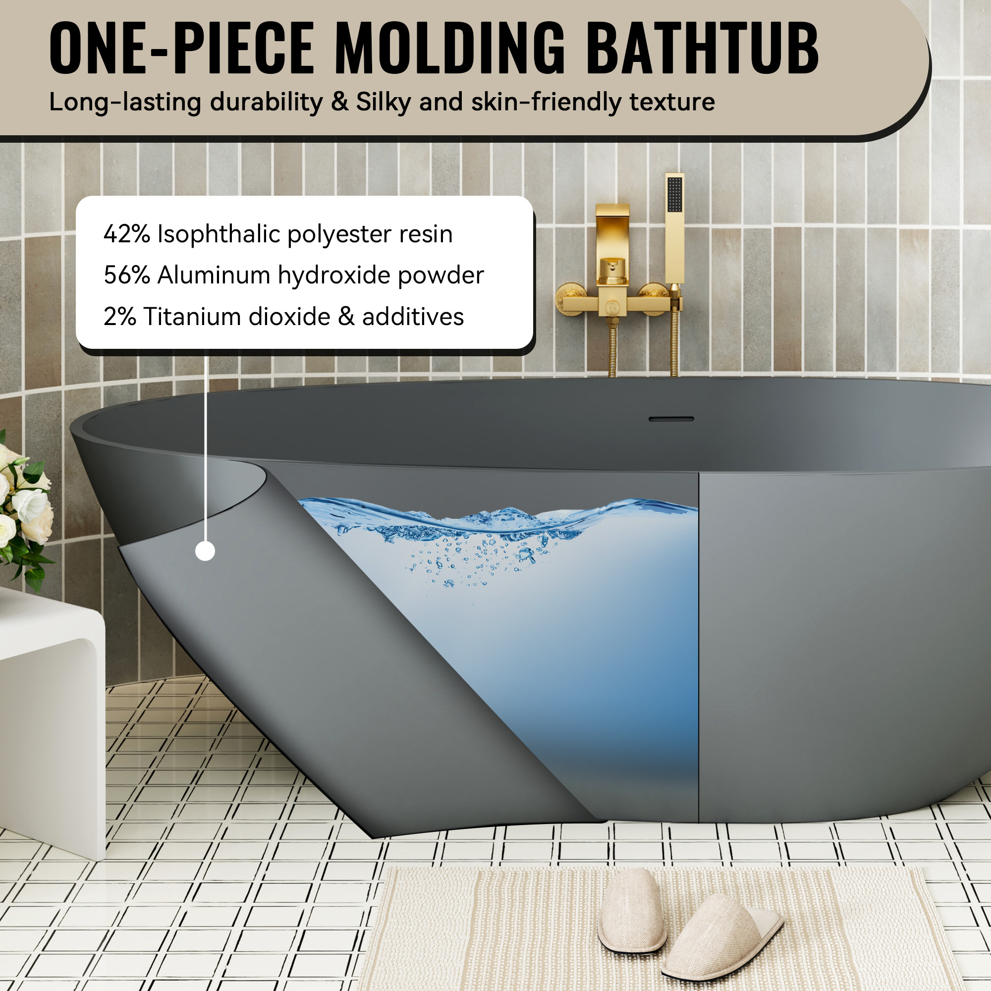 59" Non-porous Egg Shell Stone Resin Freestanding Soaking Tub Matte Black, Matte Grey - Egg Harbor