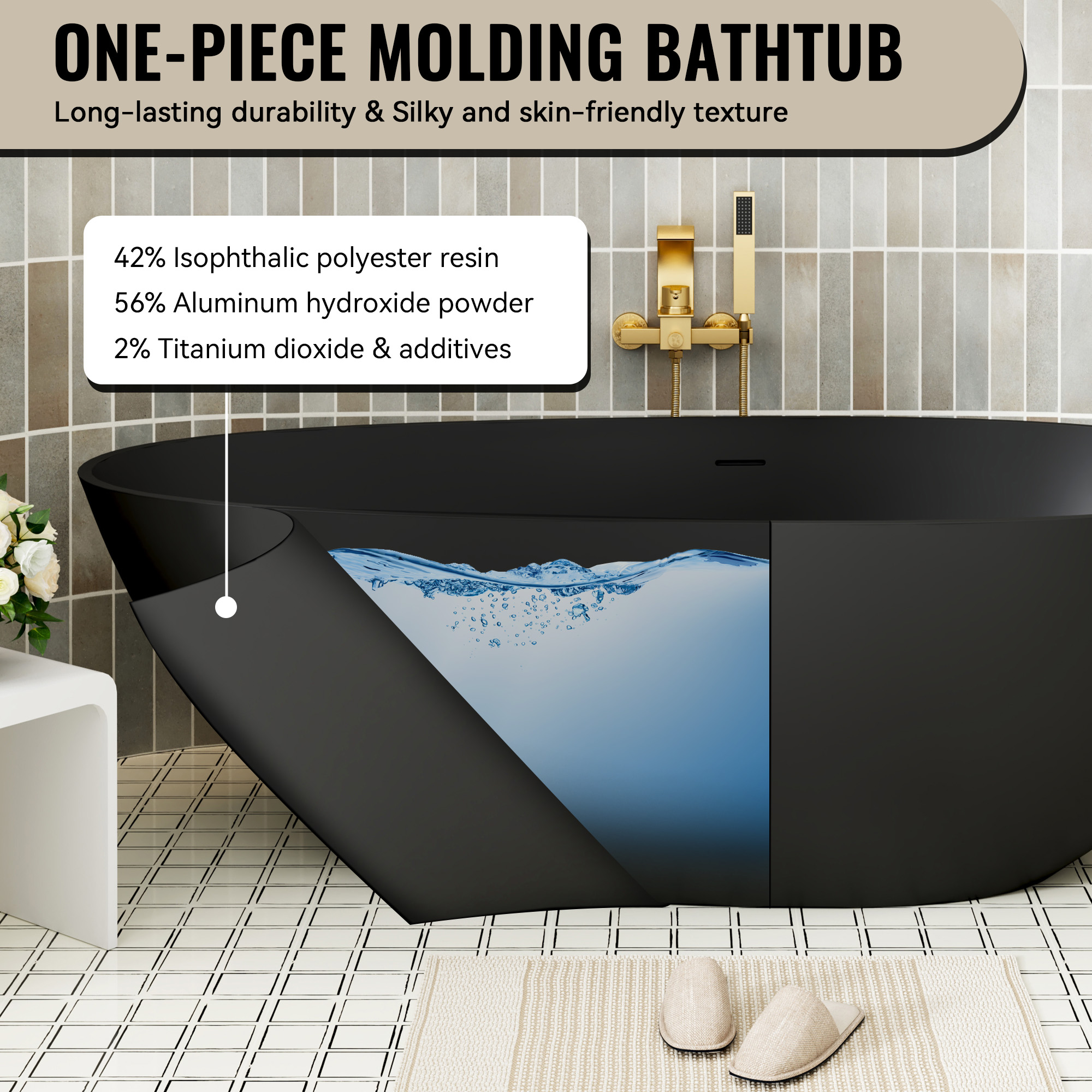 59" Non-porous Egg Shell Stone Resin Freestanding Soaking Tub Matte Black, Matte Grey - Egg Harbor