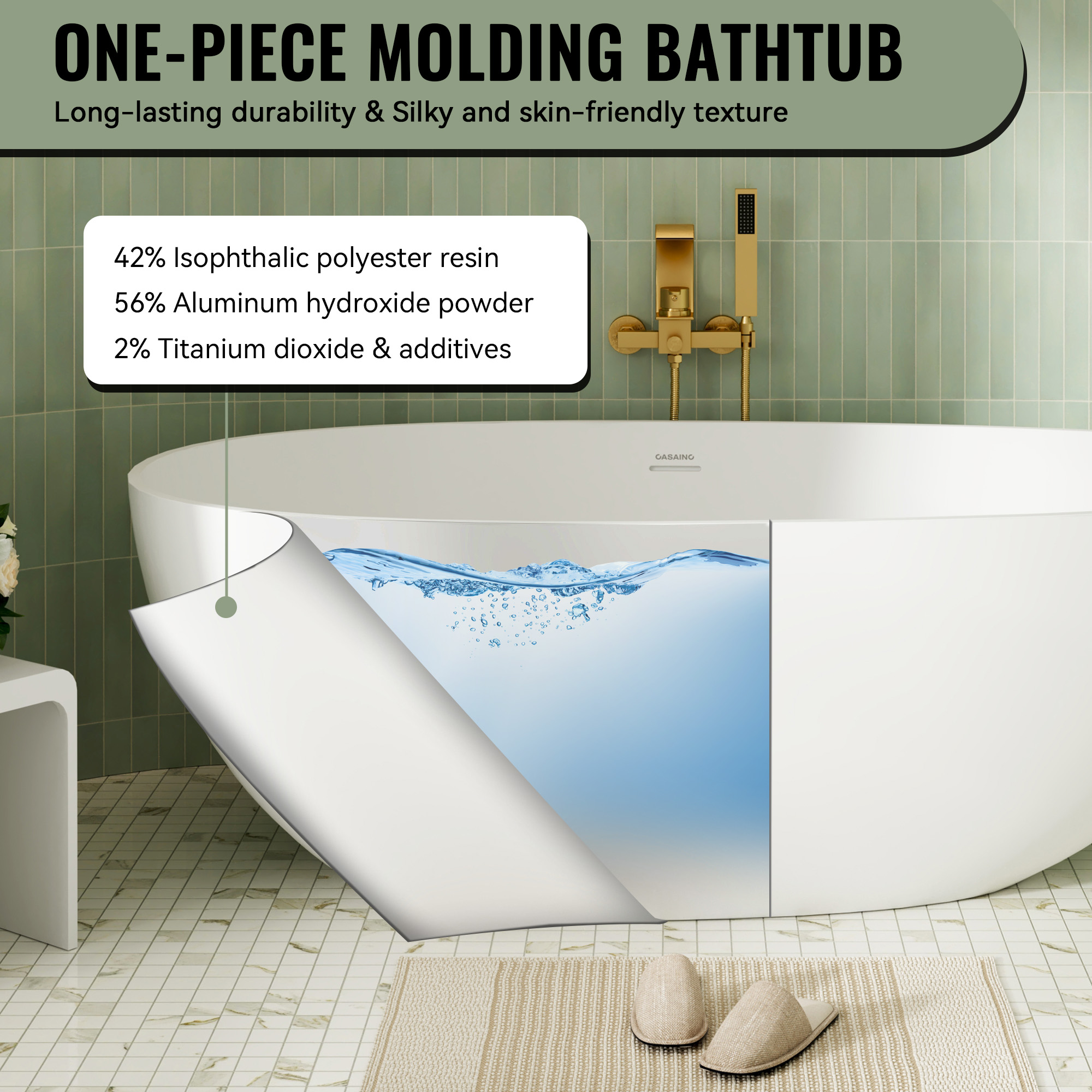 59/63/67/71" Matte White Egg Shell Stone Resin Freestanding Tub with Overflow and Drain - Egg Harbor