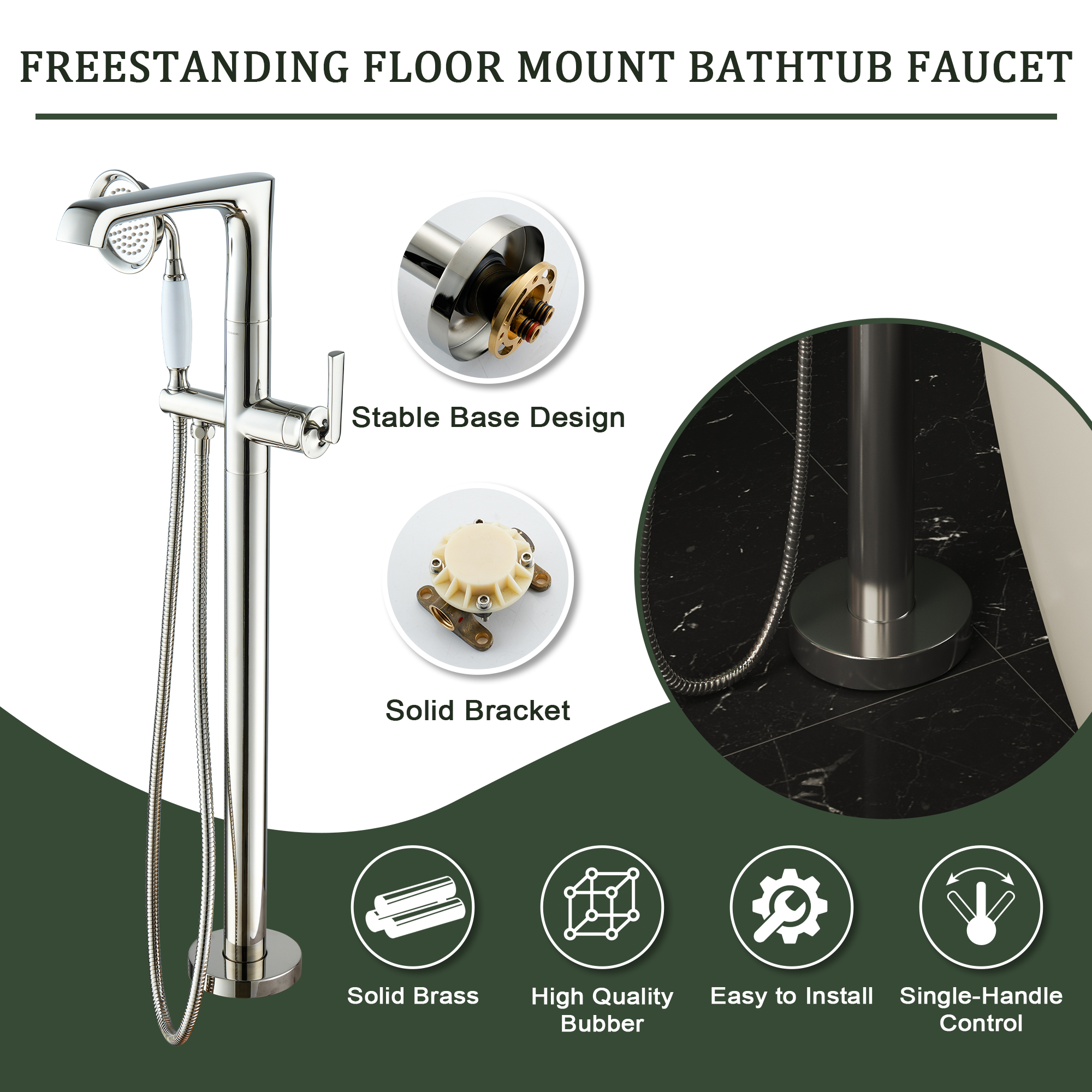 Polished Nickel Freestanding Floor Mount Bathtub Faucet with Hand Shower - HEXAGON