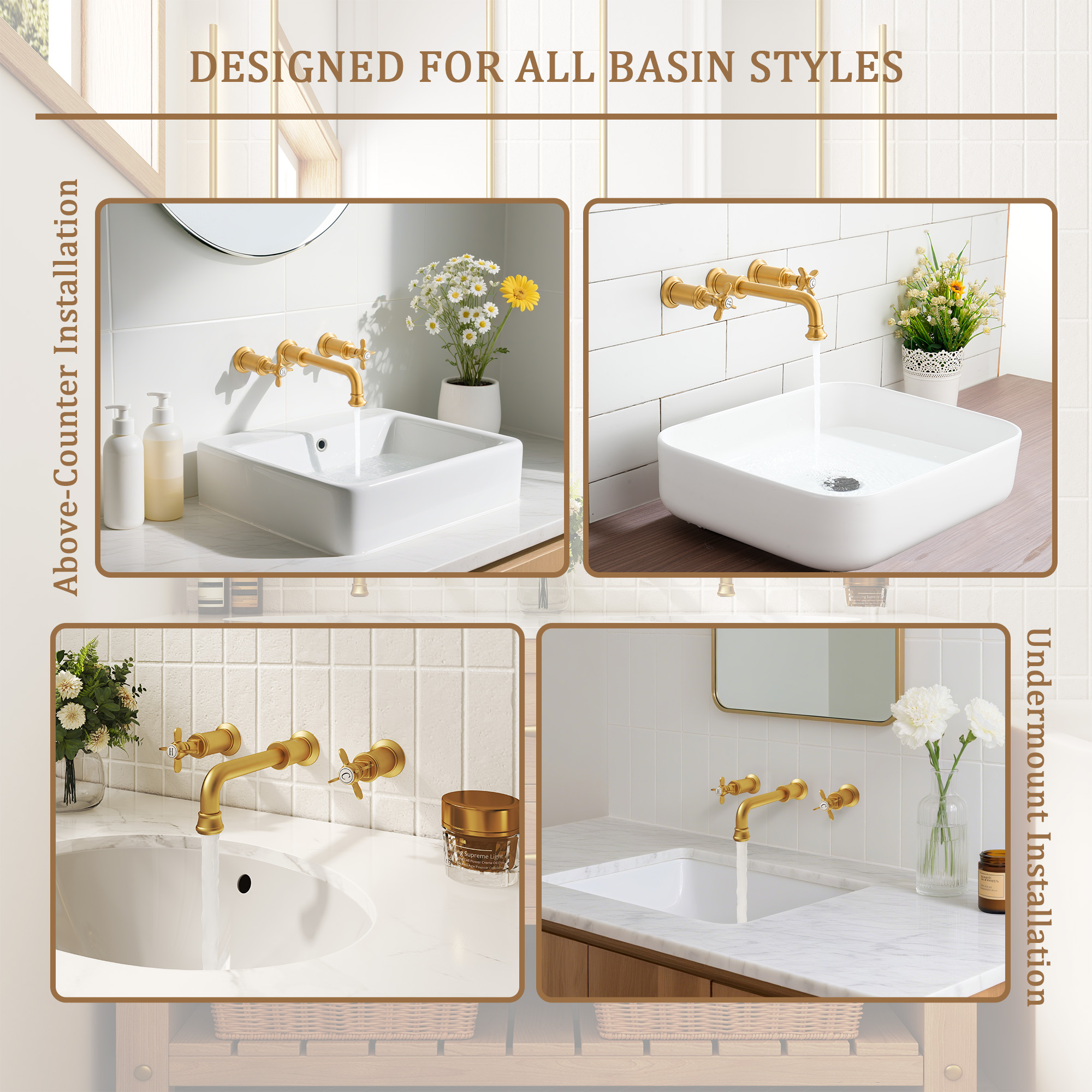 Cross Handles Brushed Gold Wall Mounted Bathroom Faucet – DANUBE