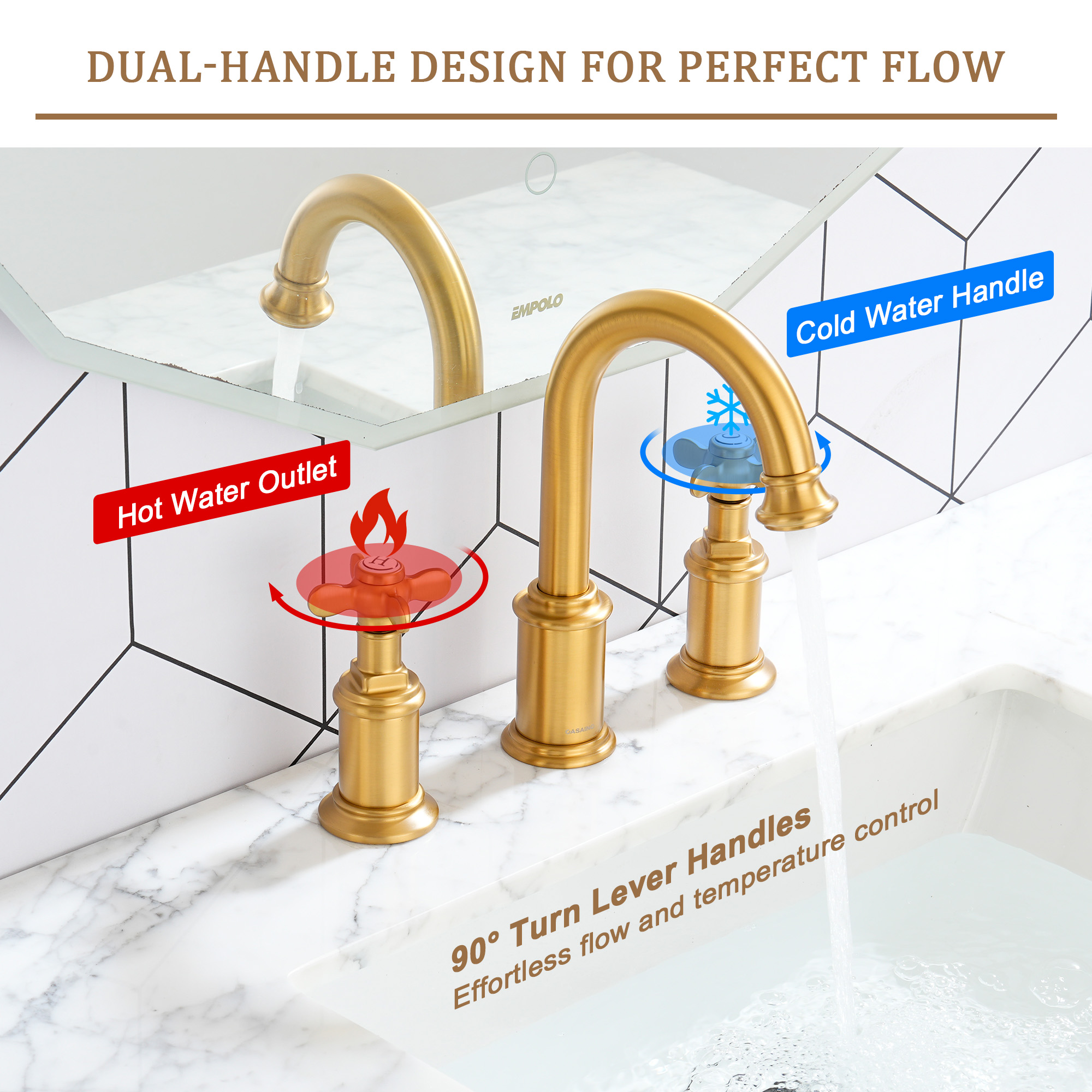 Cross Handles Brushed Gold Widespread Bathroom Faucet - DANUBE