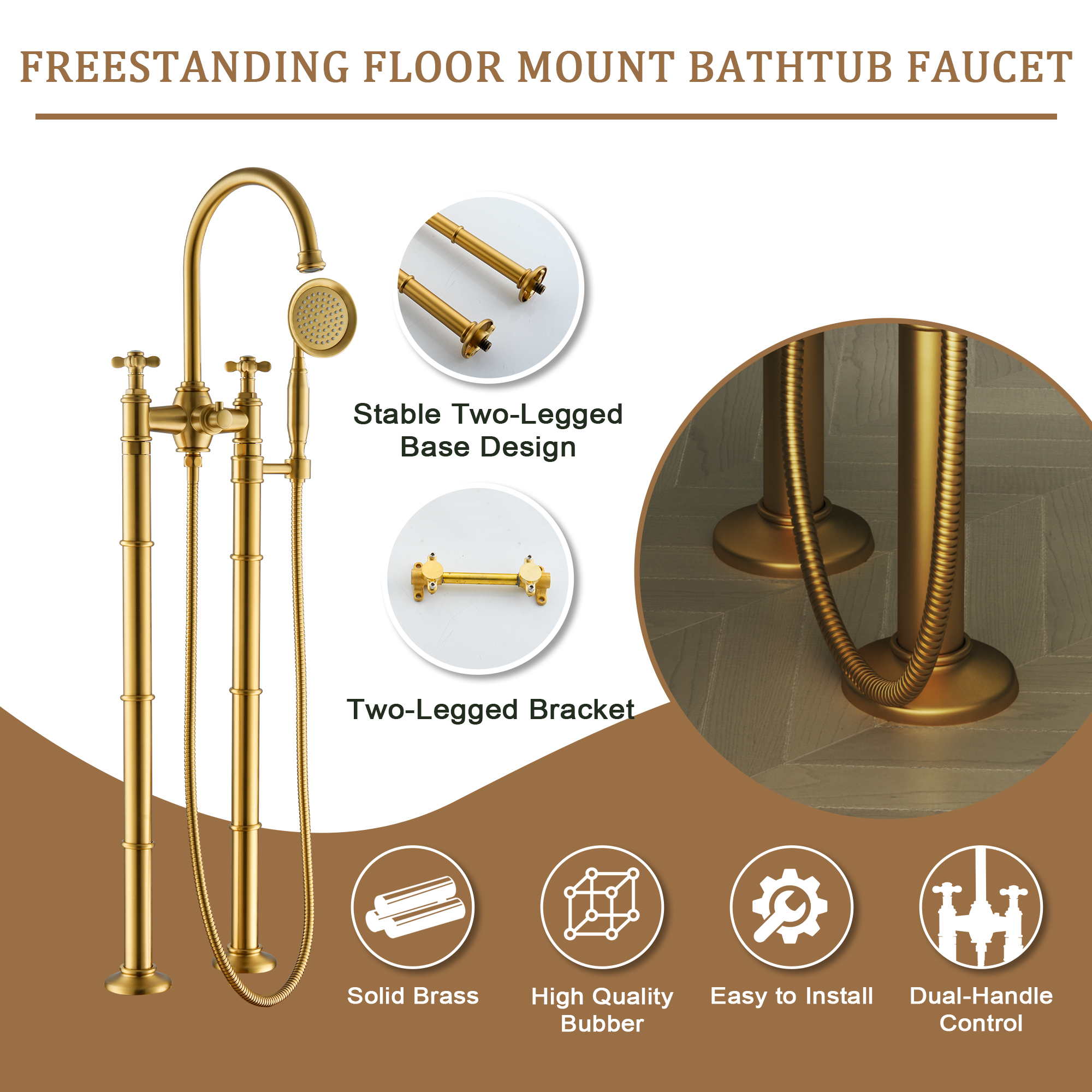 Brushed Gold Freestanding Bathtub Faucet with Hand Shower - DANUBE