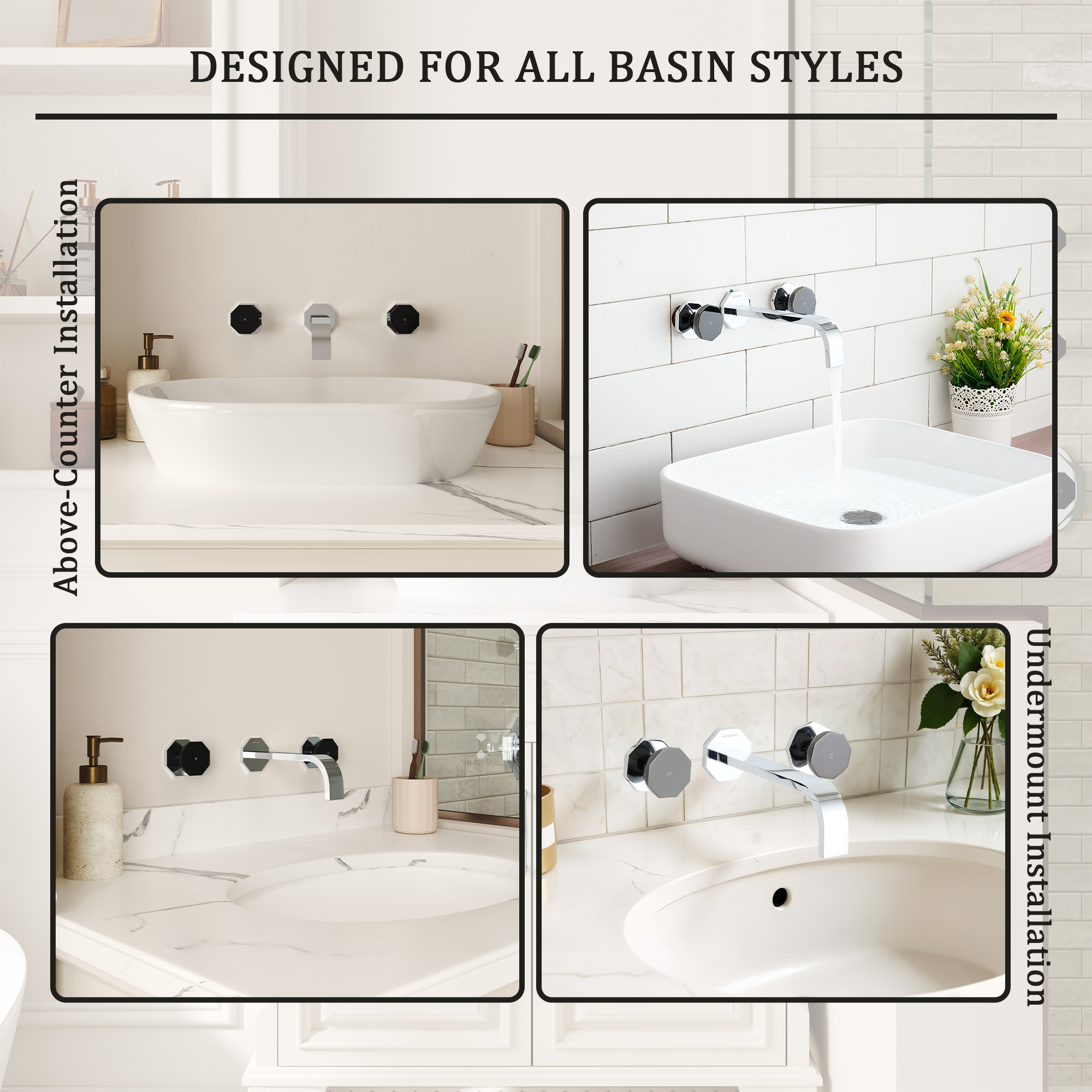 Chrome Wall-Mounted Bathroom Faucet with Black PVD Octagonal Handles - OCTAGON