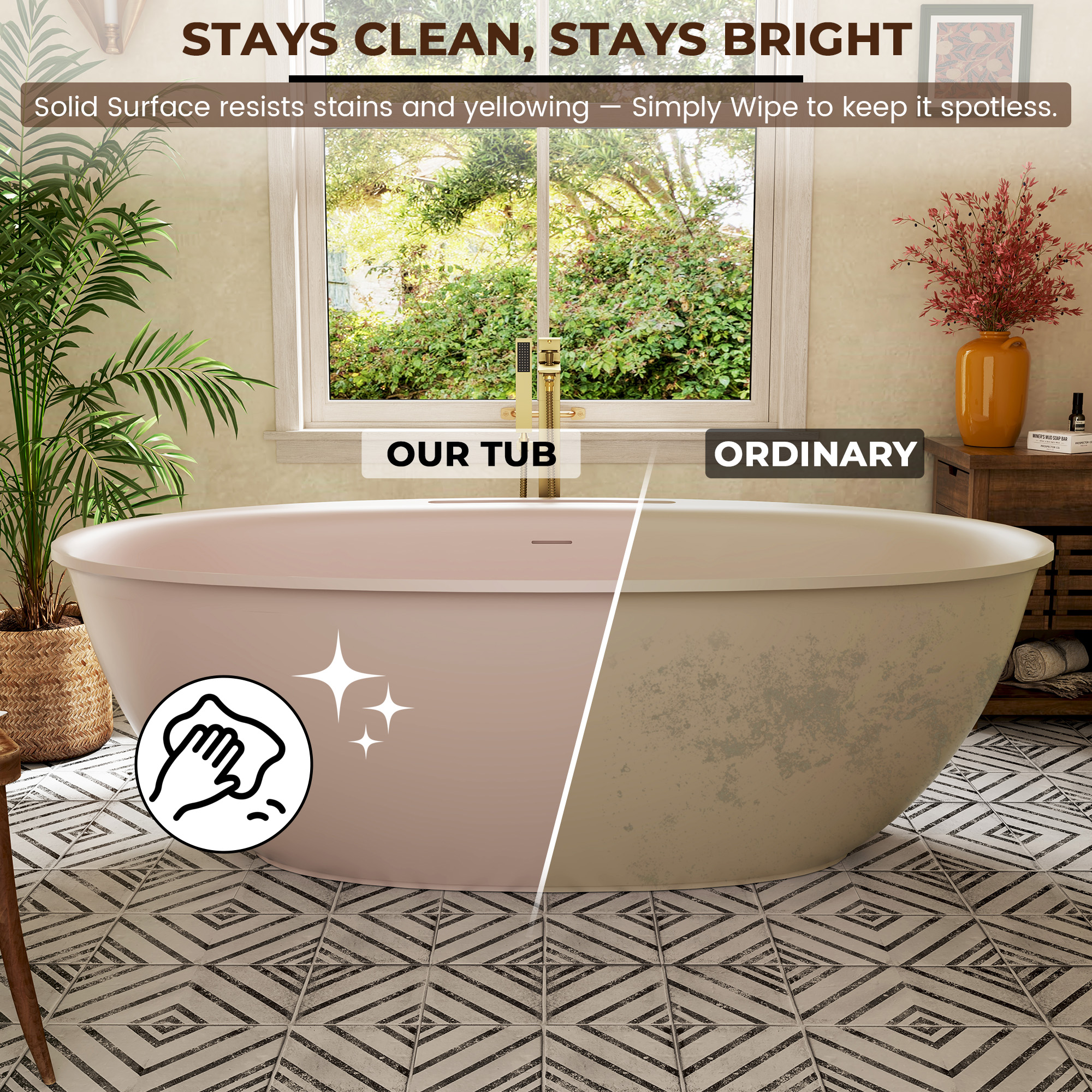 63"/67" Solid Surface Freestanding Matte Bathtub with Rim Towel Slot