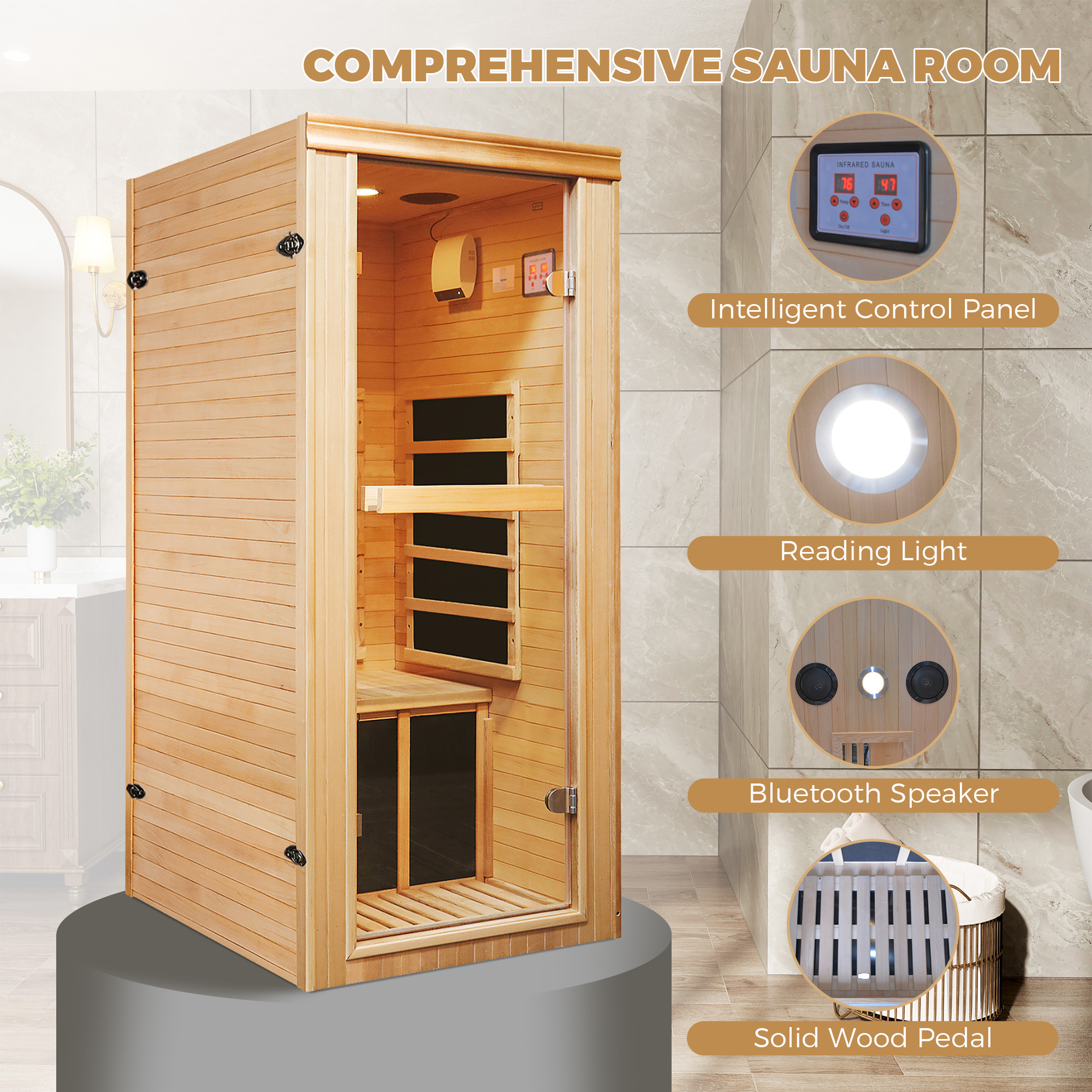 Single Person Far-Infrared Sauna Room with 5 Heating Plates for Home Wellness