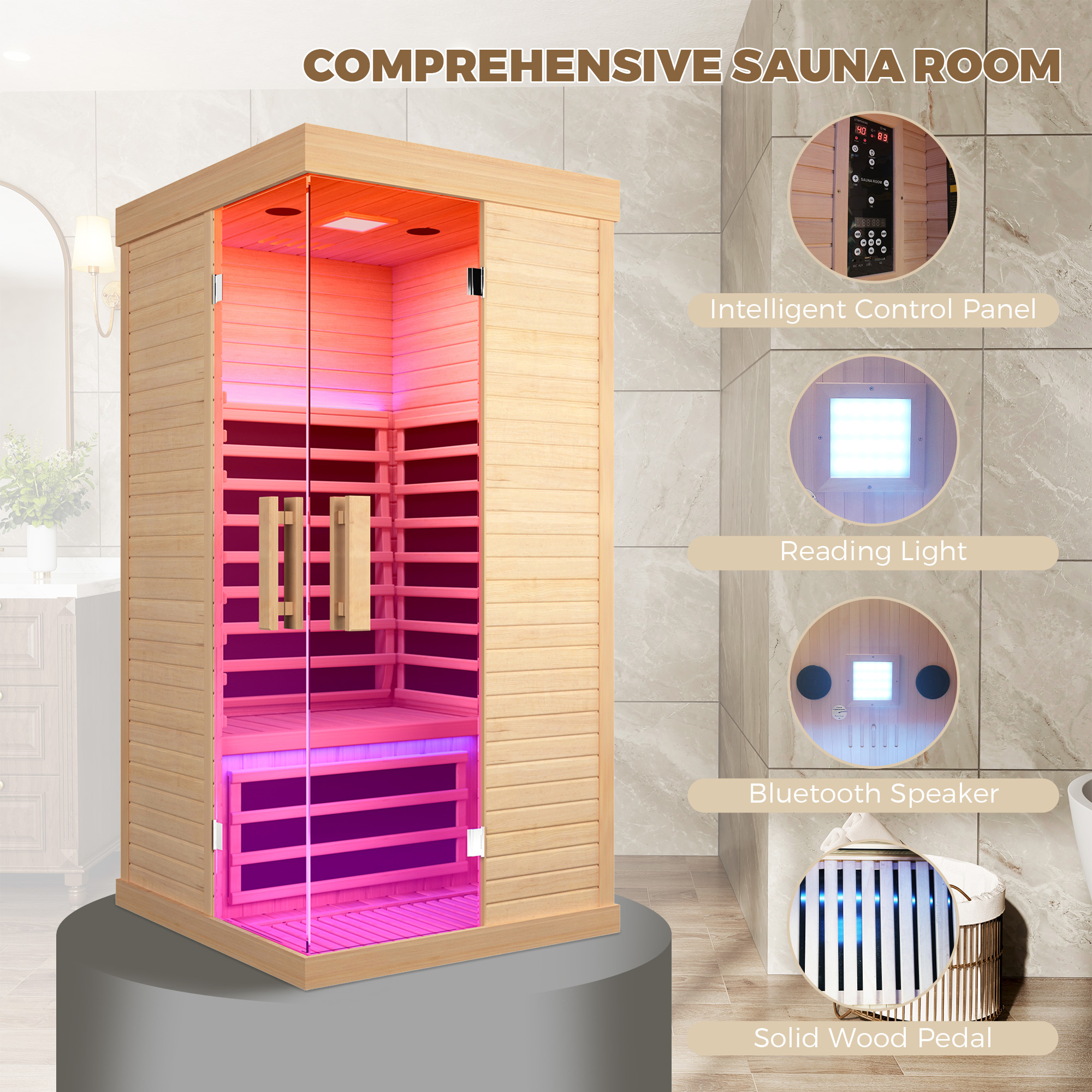 1-Person Home Infrared Sauna with Quick Assembly and Bluetooth Audio & LED Lights