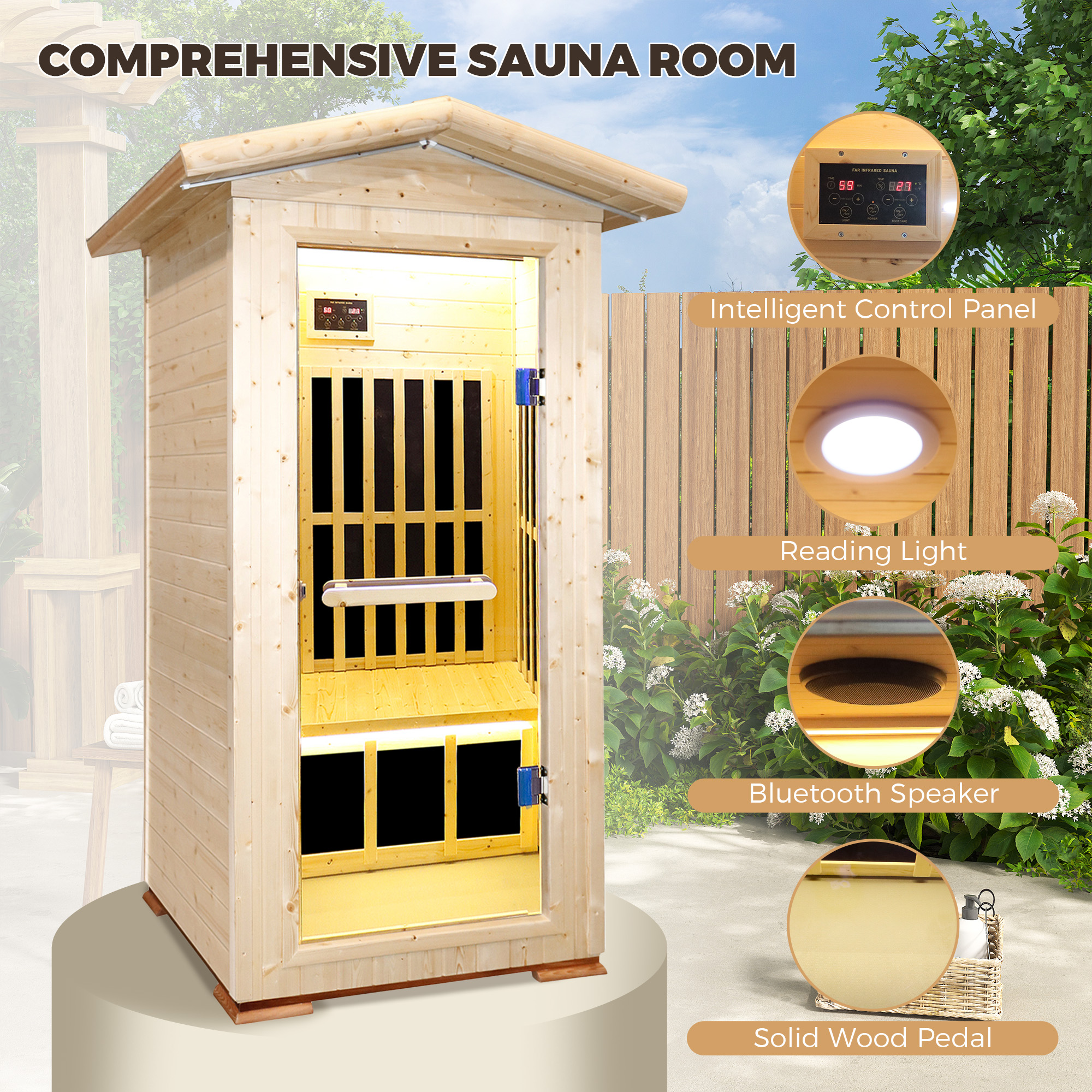 1-Person Spruce Outdoor Infrared Sauna with Bluetooth & Ambient Lighting