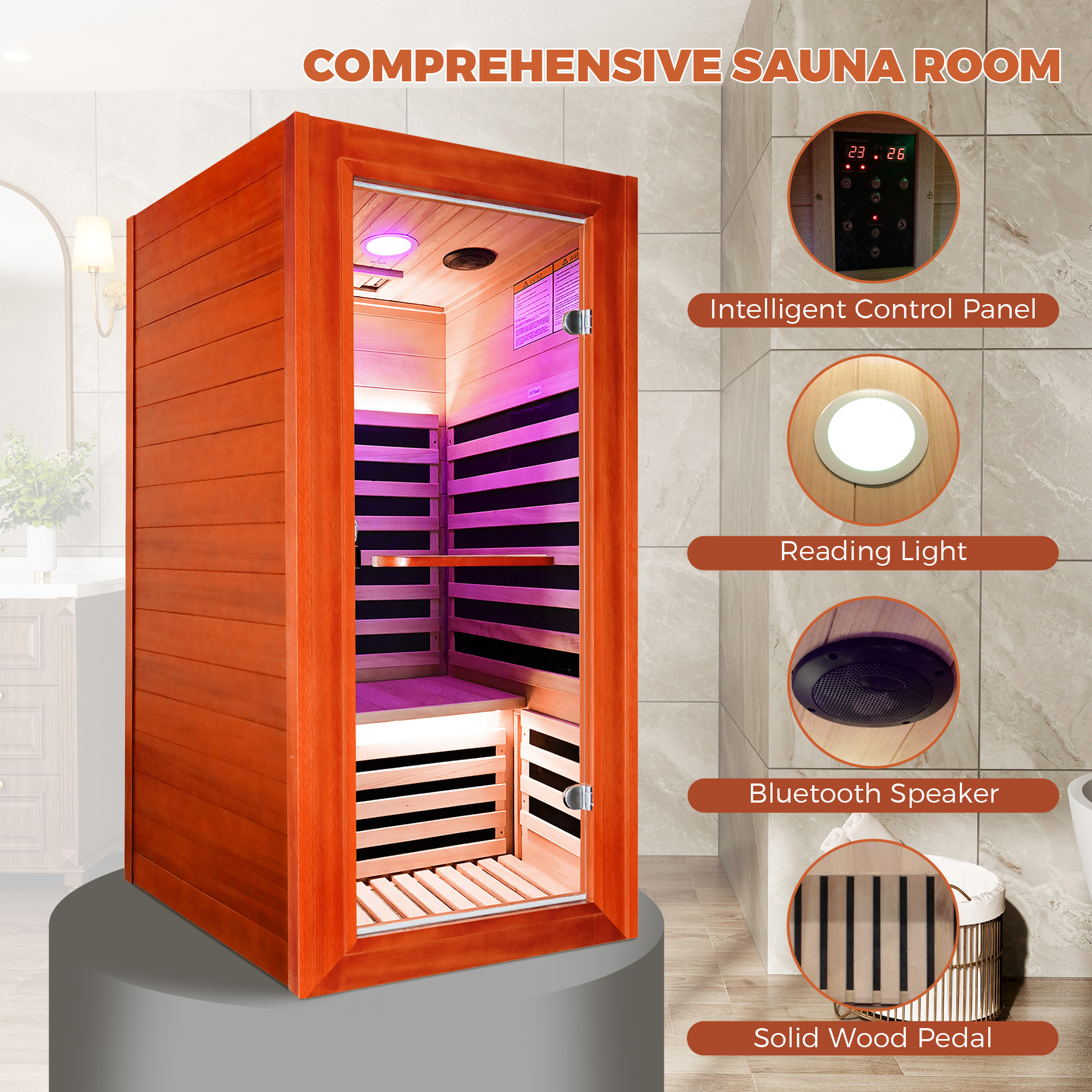 1-Person Infrared Sauna with Bluetooth Speakers and LED Reading Lights