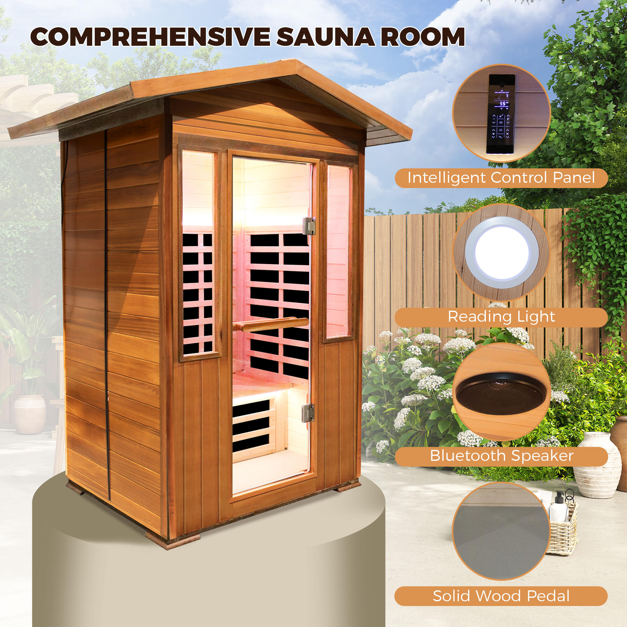 Peak Roof Outdoor Red Cedar Infrared Sauna with Bluetooth & Lighting
