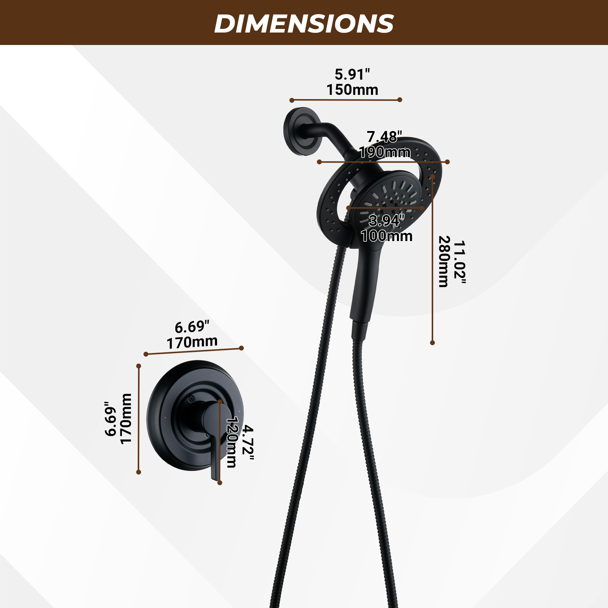 7-inch Magnetic Dual Shower System with 3-Function Hand Shower