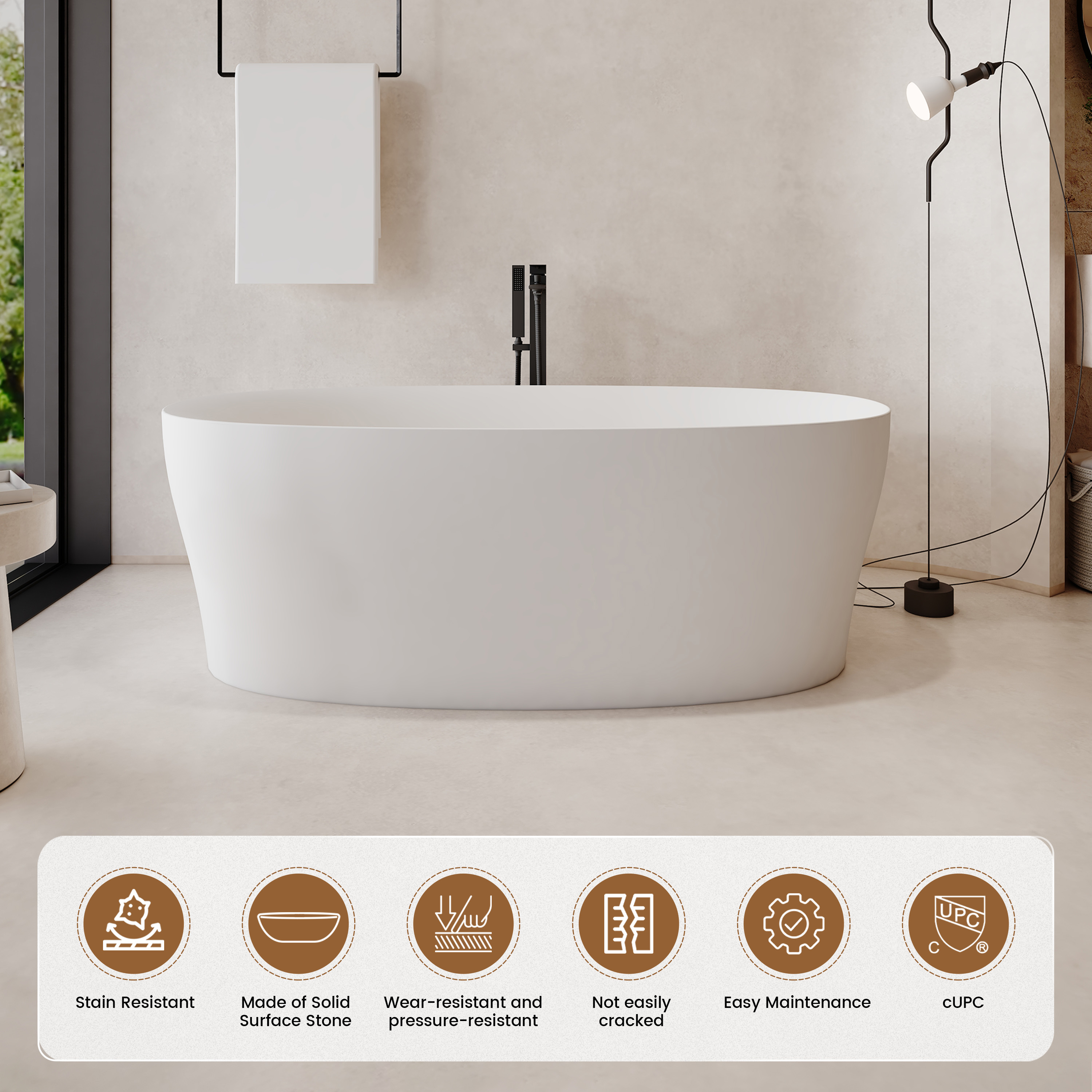 63" Solid Surface Freestanding Bathtub with Thickened Edge in Matte White - Monaco