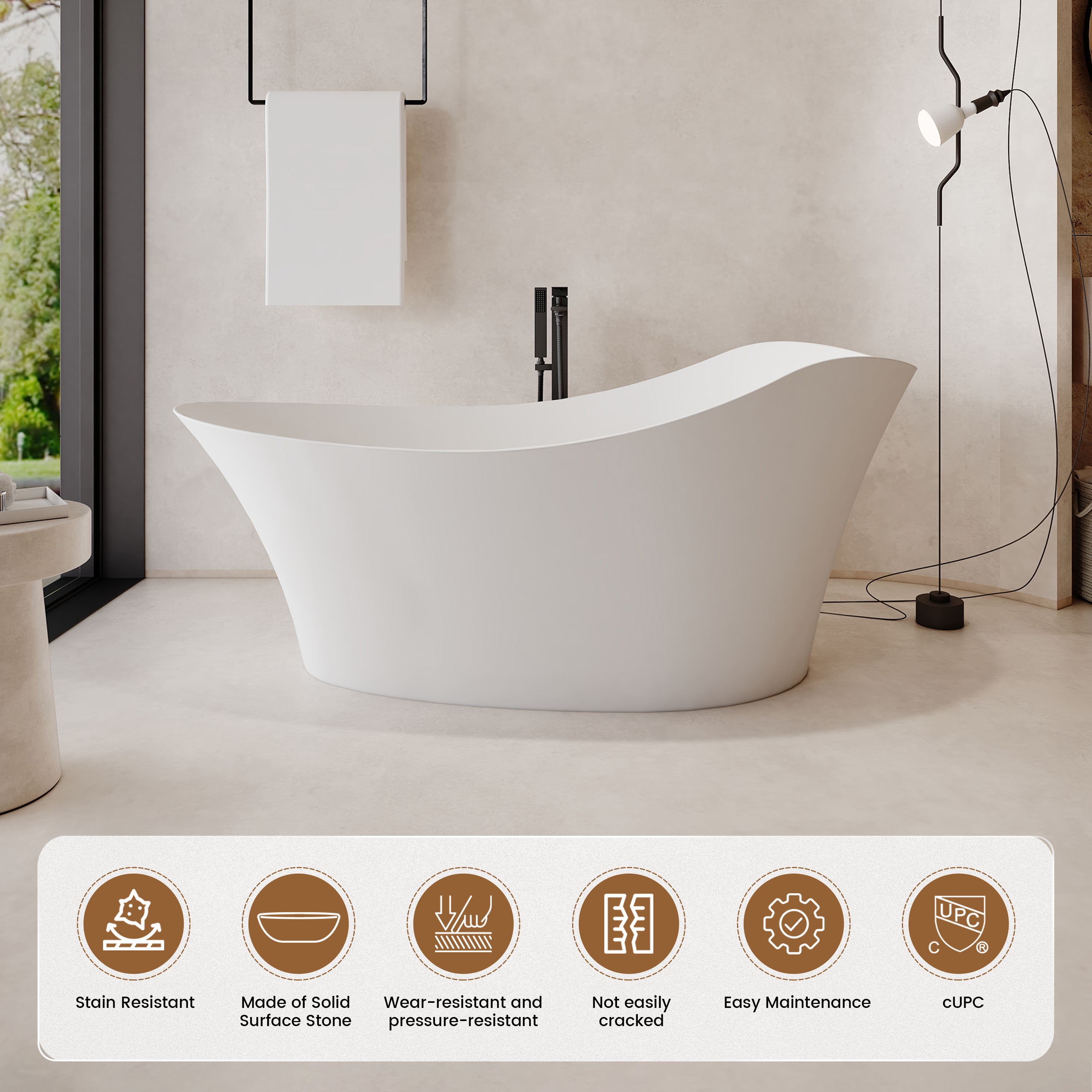 67" Solid Surface Freestanding Soaking Bathtub with Elegant Curved Design - Crestone