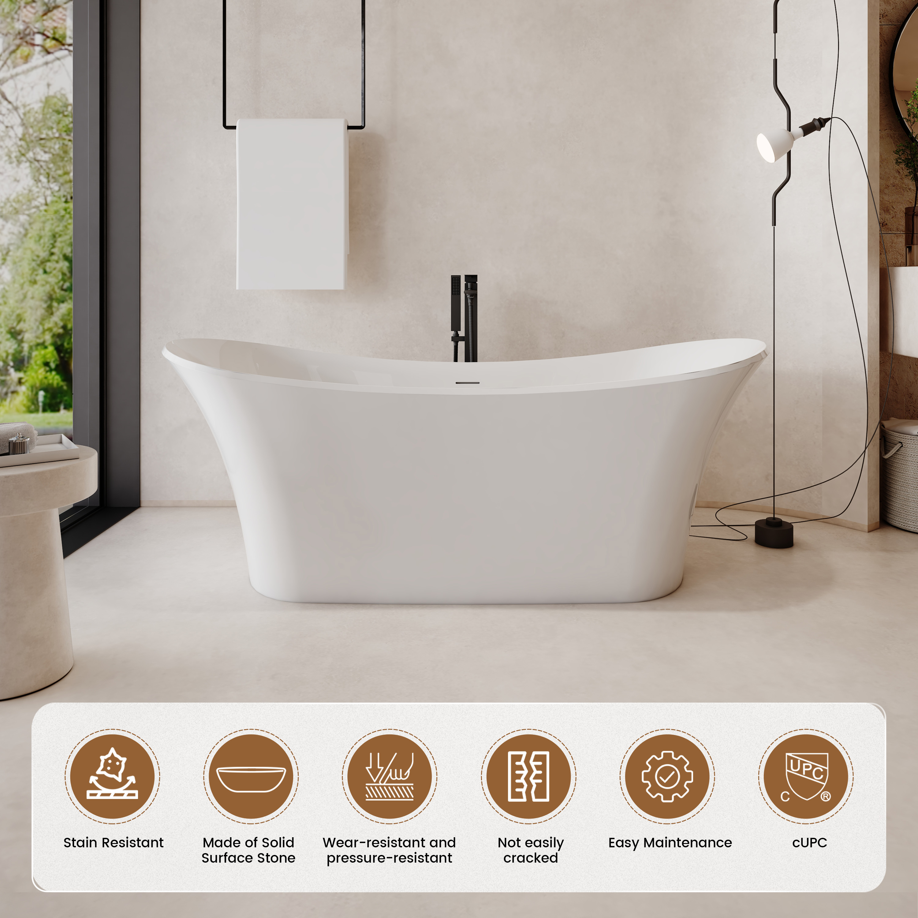 69" Freestanding Solid Surface Bathtub with Dual Sloped Headrests - Crescent