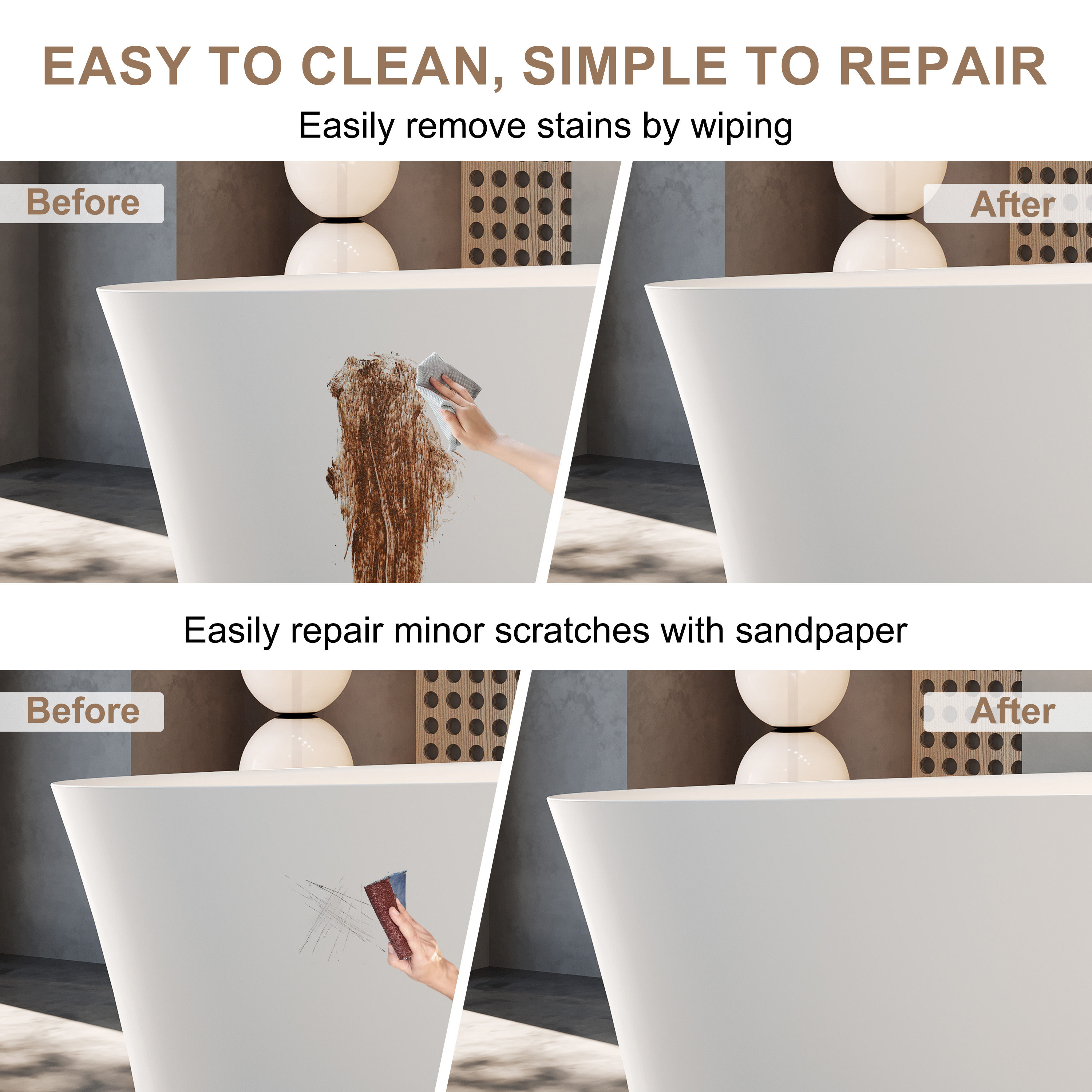 65" Solid Surface Freestanding Bathtub with Left Overflow and Drain, Matte White - Crestone