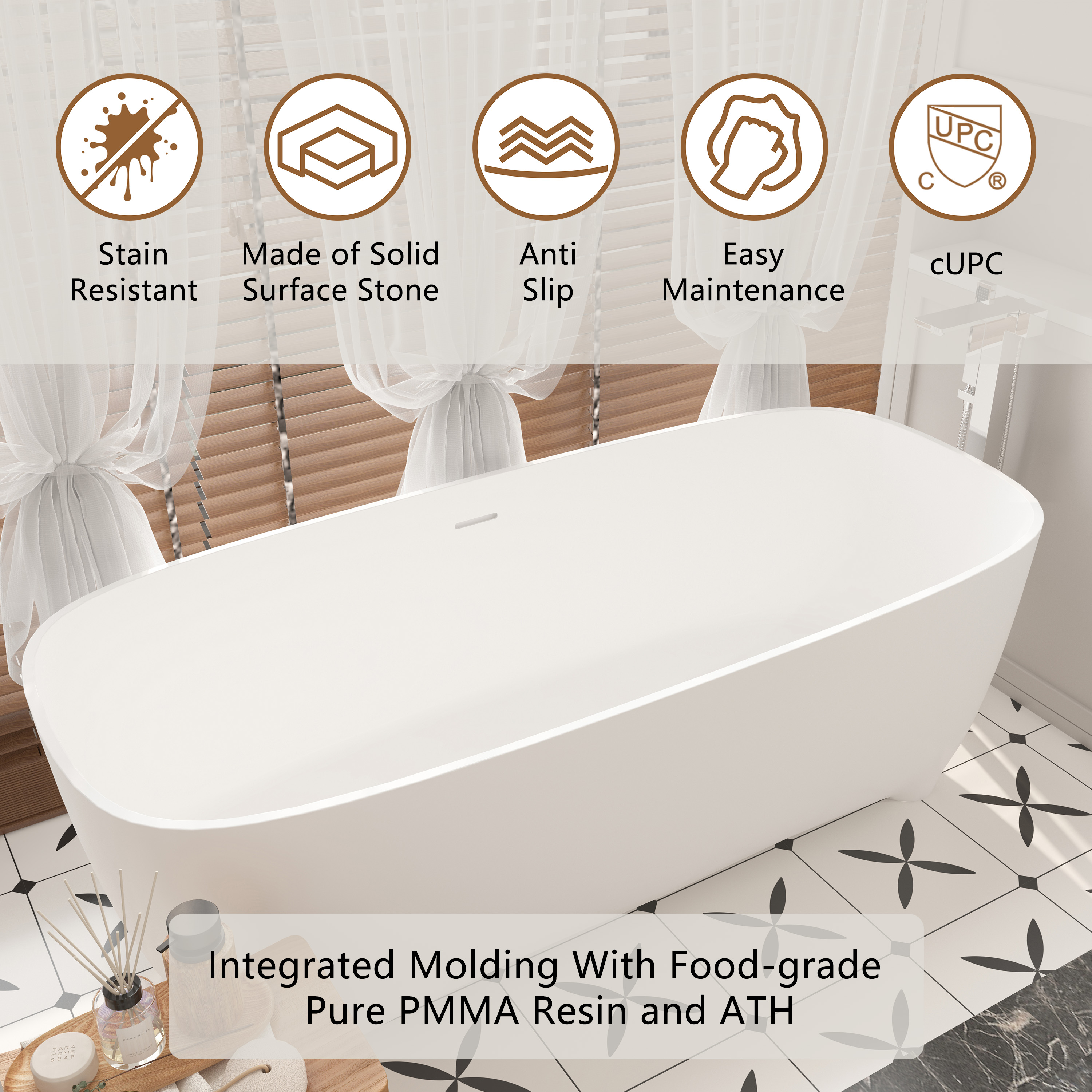 67" Matte White Solid Surface Stone Adult Freestanding Soaking Tub with Raised Pedestal - Gridley