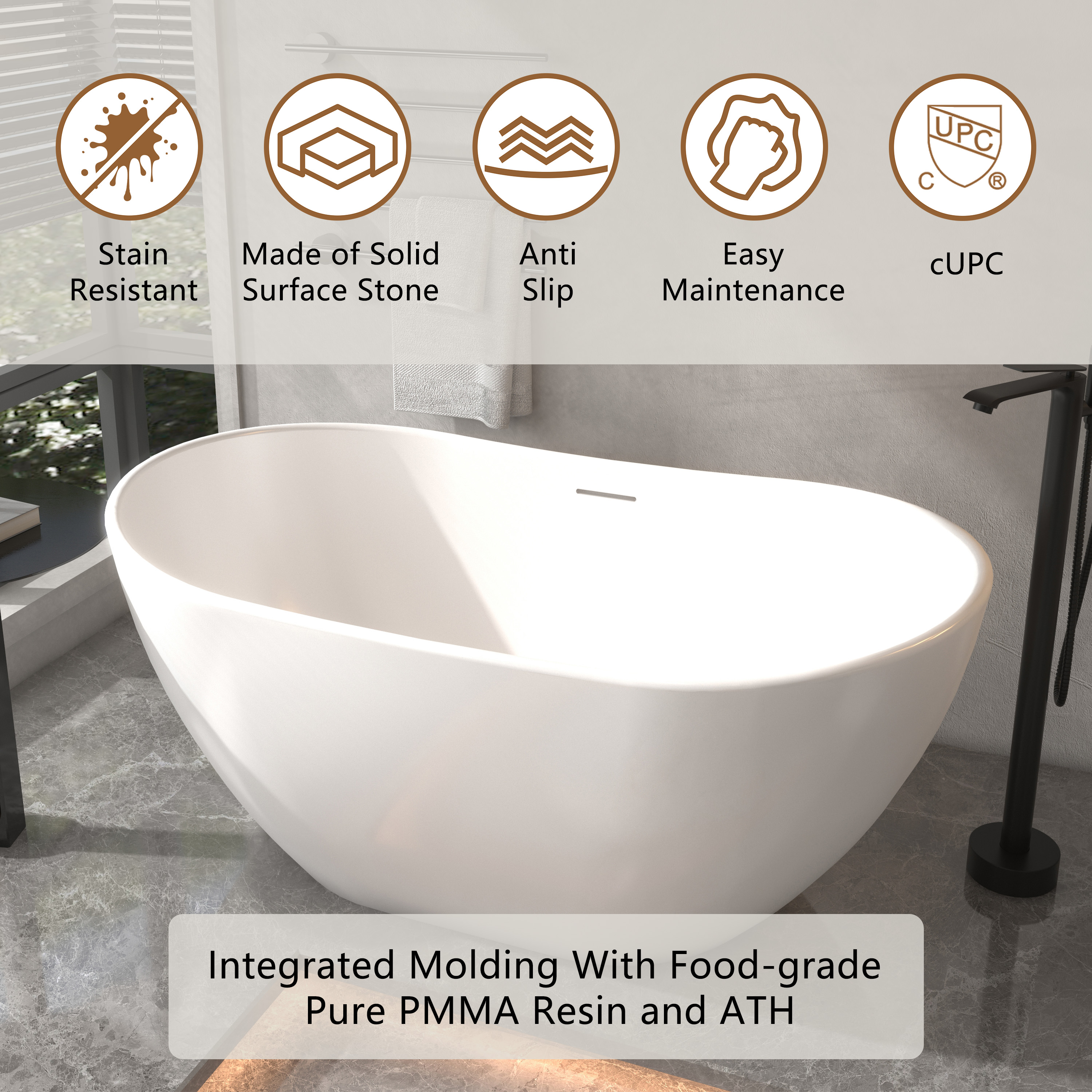 56"/65"/71" Matte White Solid Surface Stone Freestanding Tub with Classic Arc Shape - Crescent