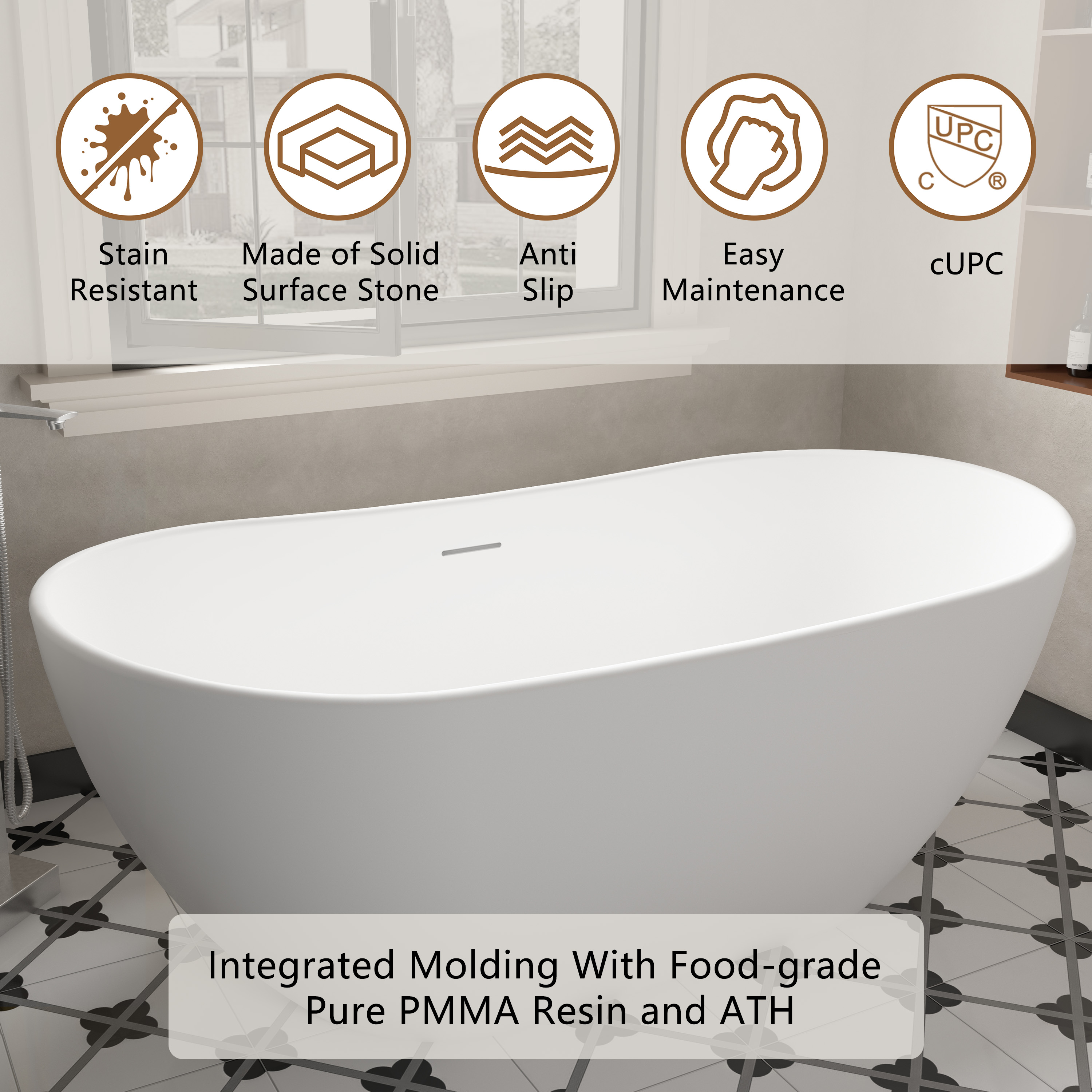 56"/65"/71" Matte White Solid Surface Stone Freestanding Tub with Classic Arc Shape - Crescent