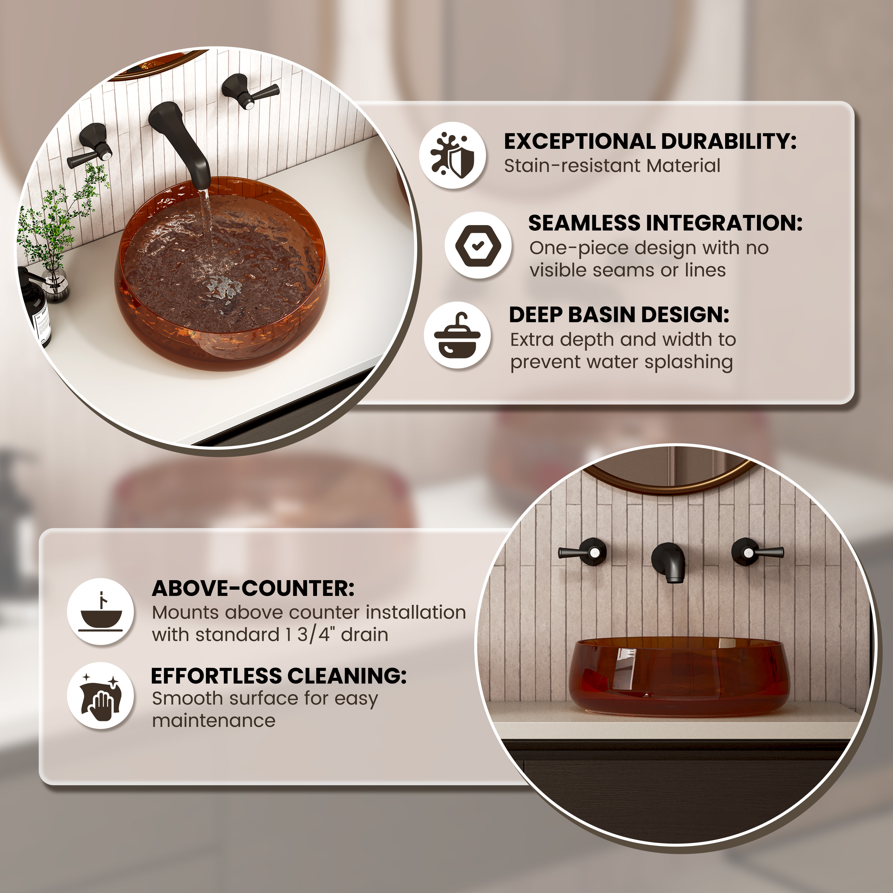 17.7" Round Transparent Resin Bathroom Vessel Sink with Drainer