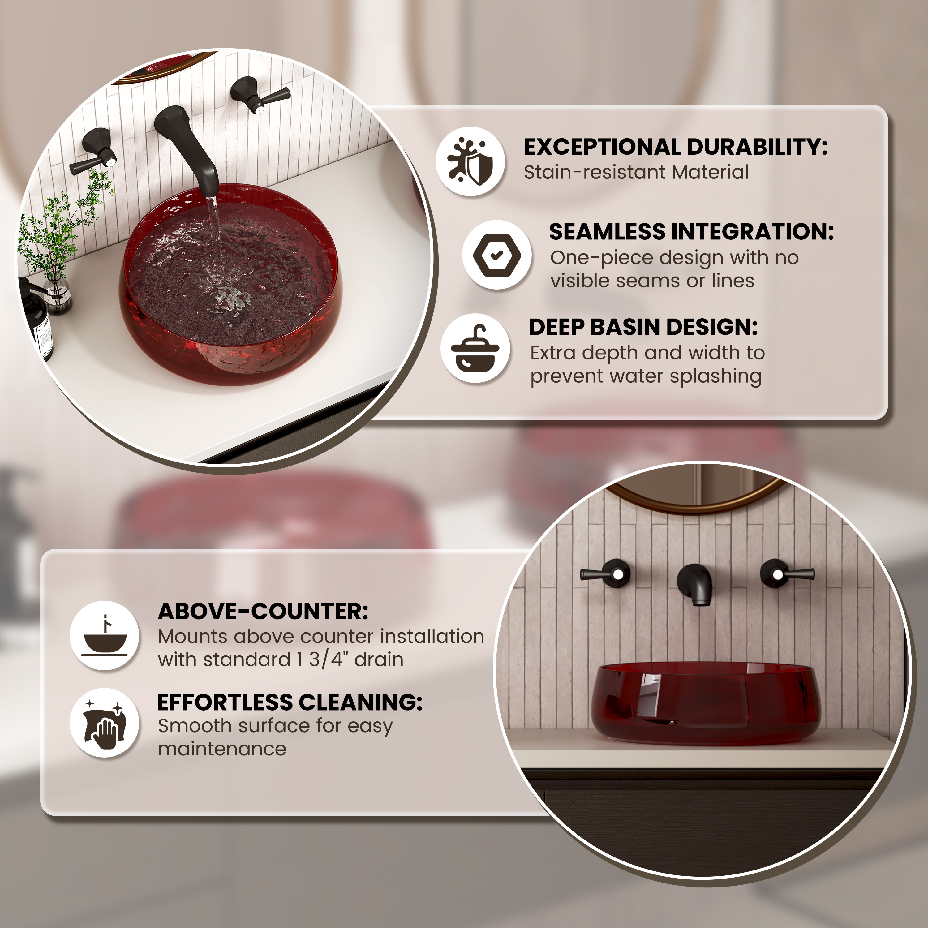 17.7" Round Transparent Resin Bathroom Vessel Sink with Drainer