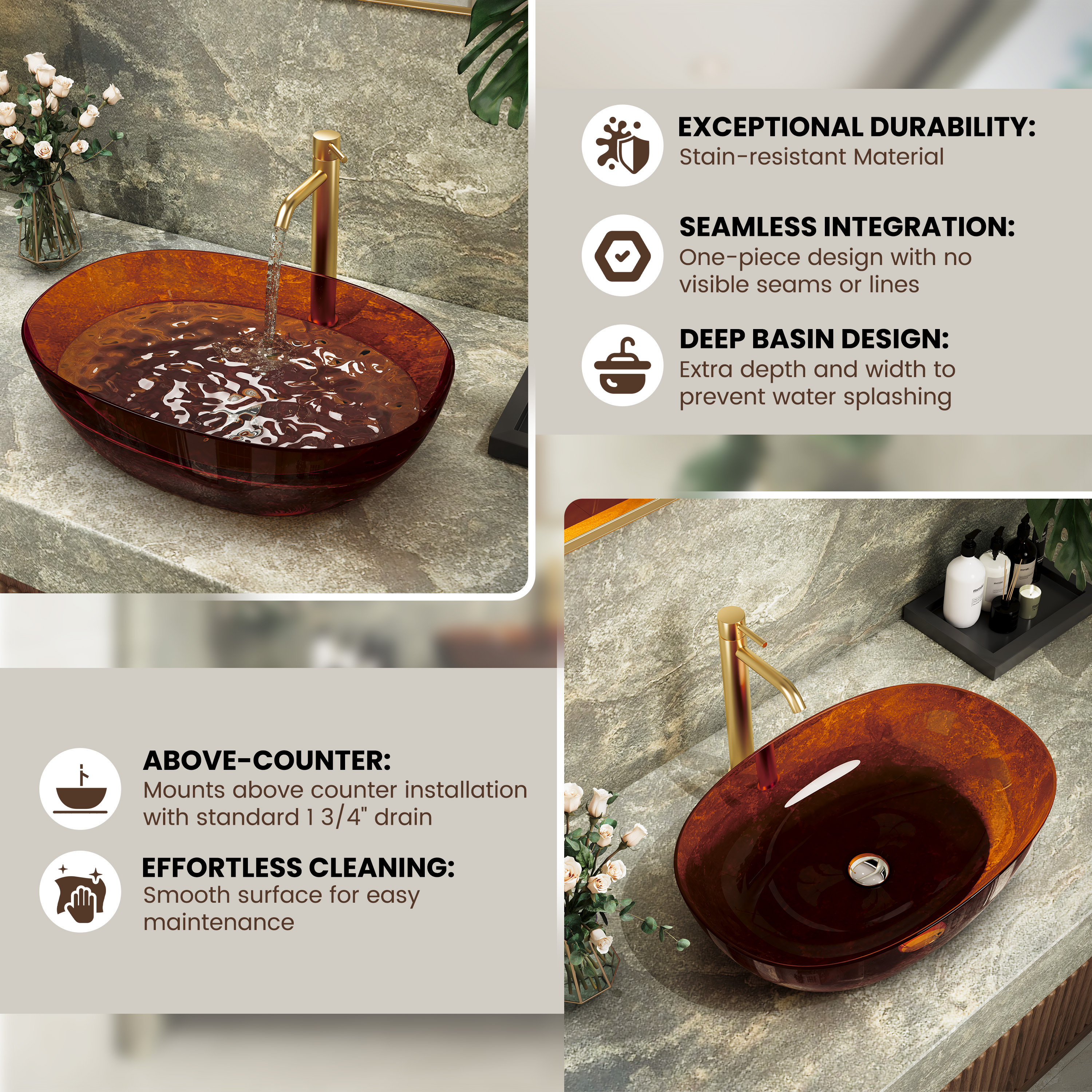 22" Oval Transparent Countertop Resin Bathroom Vessel Sink