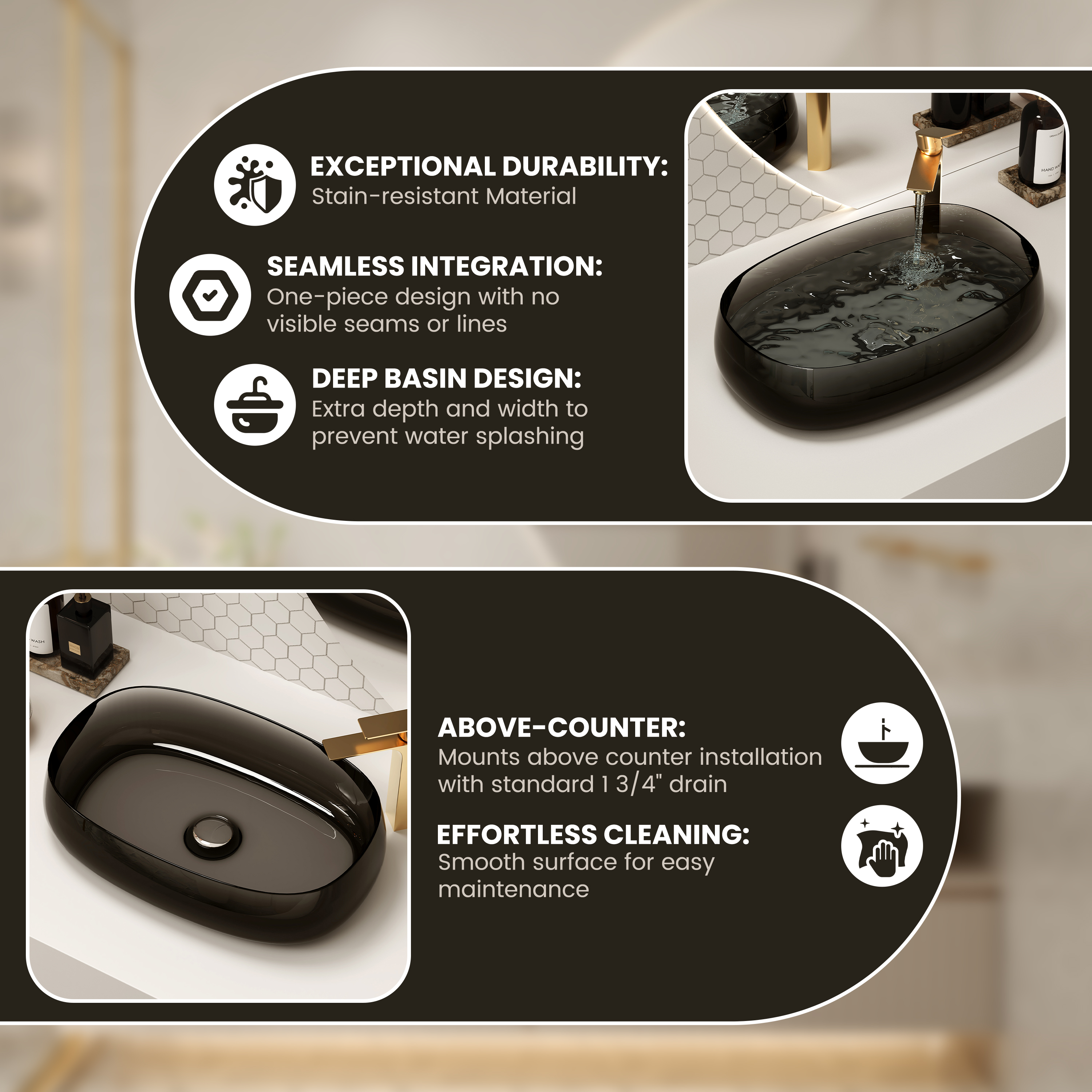 23" Oval Transparent Resin Bathroom Vessel Sink with Drainer