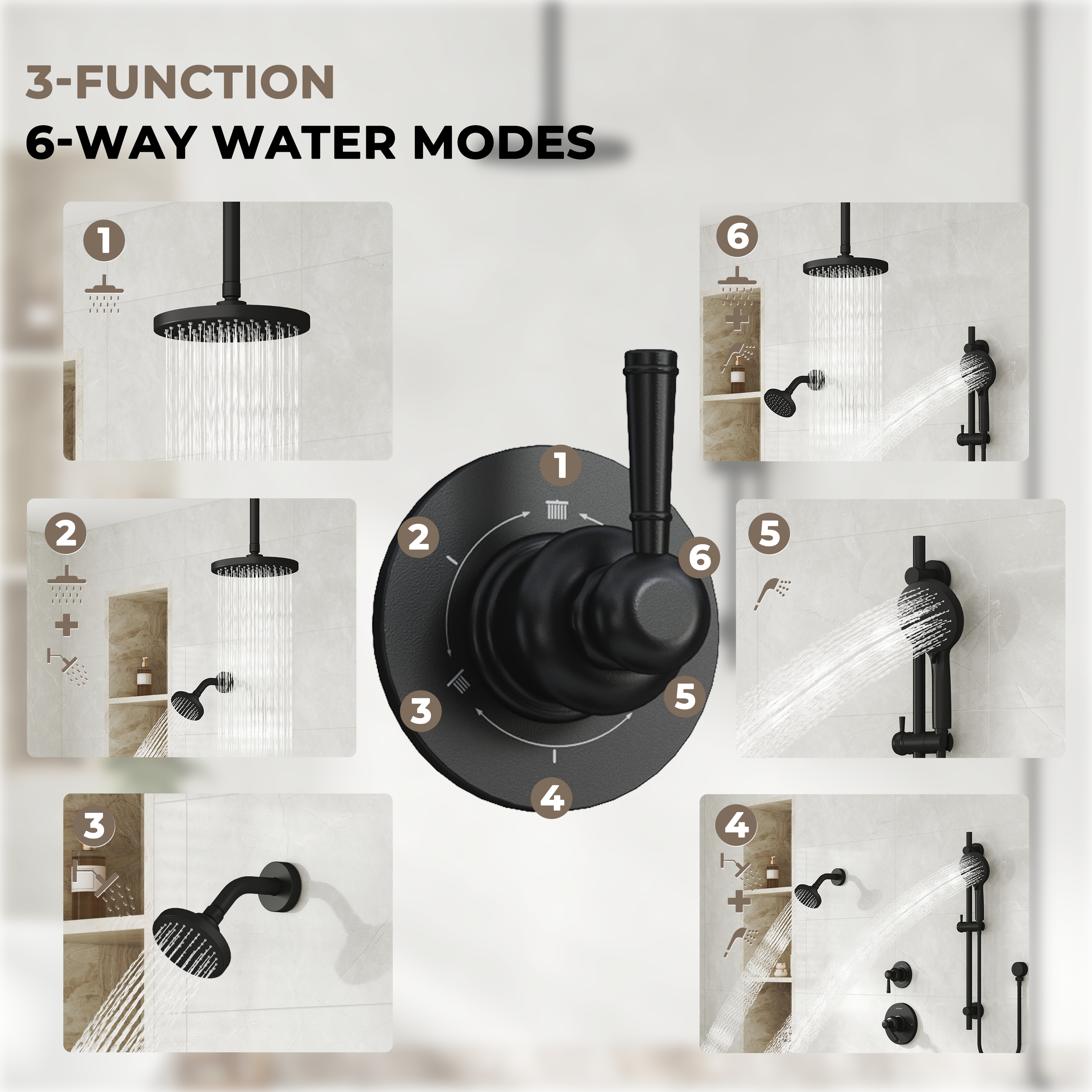 8-inch 3-Function Dual Shower Head System with 6 Spray Modes and Slide Bar