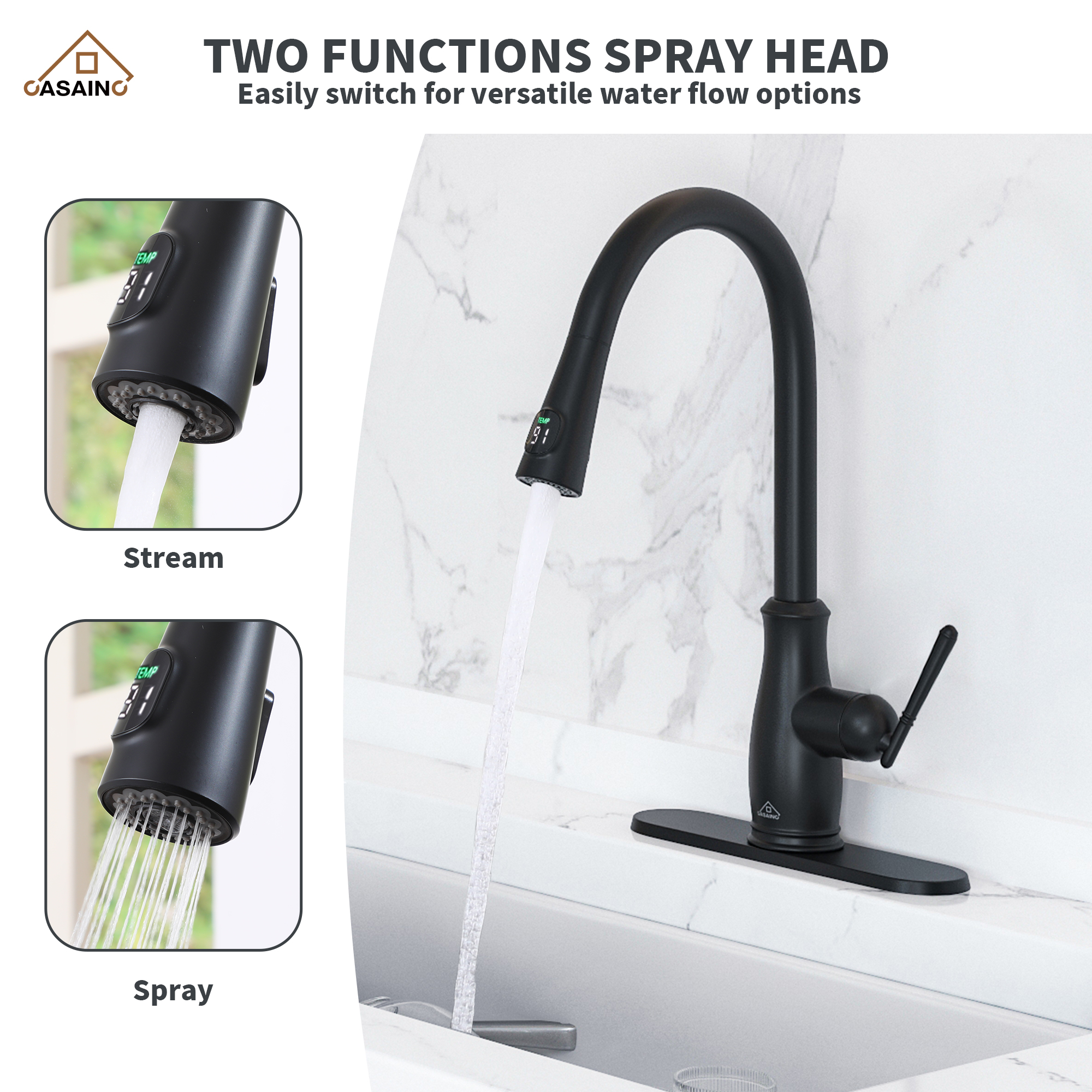 Pull Down Sprayer Kitchen Faucet with Digital Temperature Display