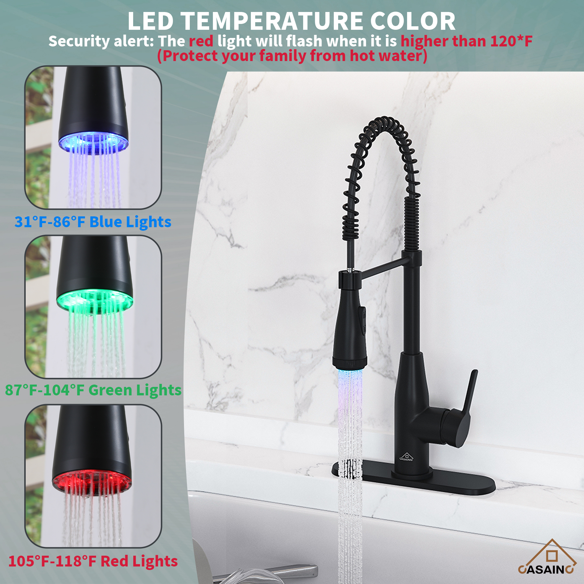 LED Temperature Control Kitchen Faucet with 360° Swivel and Magnetic Pull-Out Head