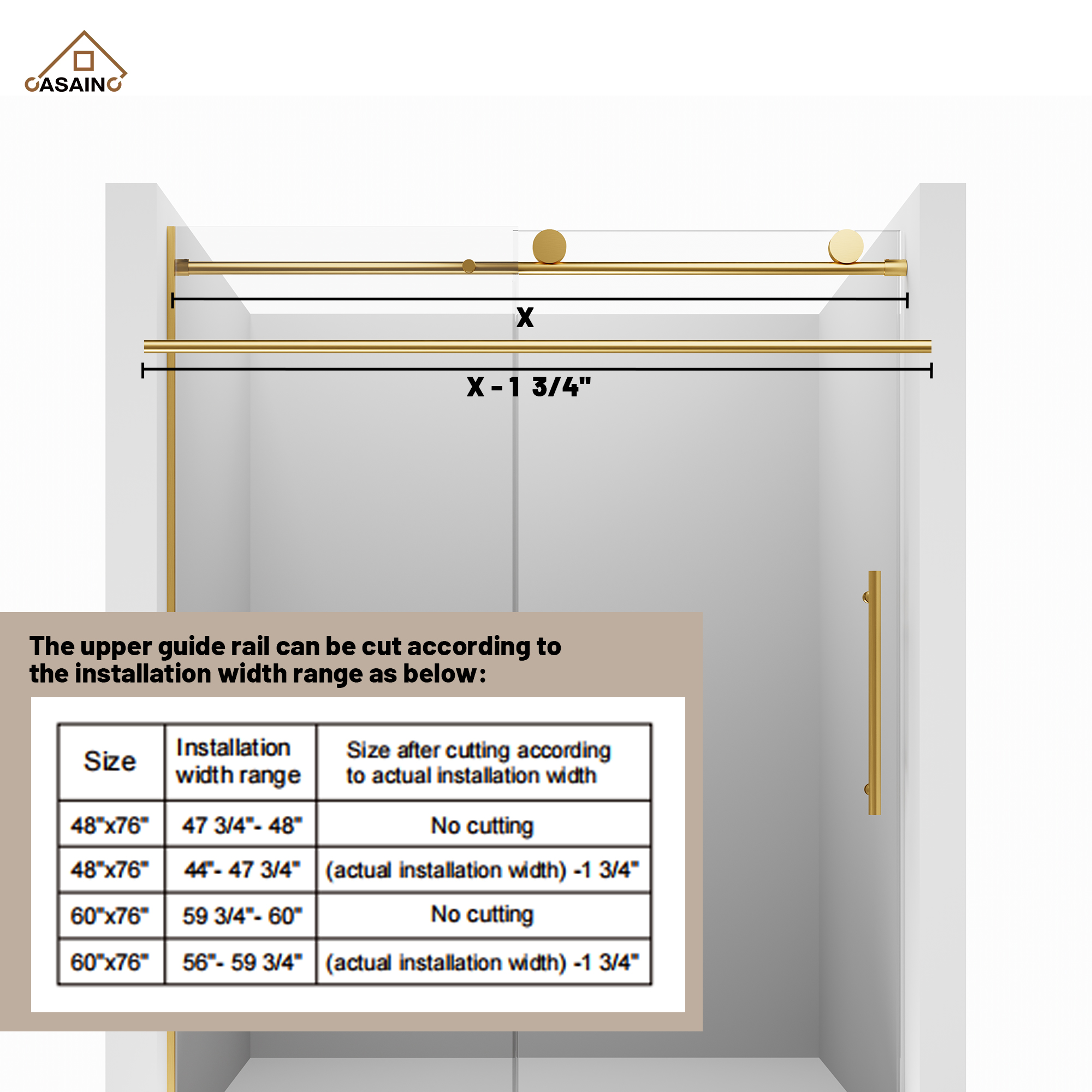 60"x76" Frameless Laminated Layer Glass Shower Door with Cushioned Single Slide Enclosure in Chrome/Brushed Gold