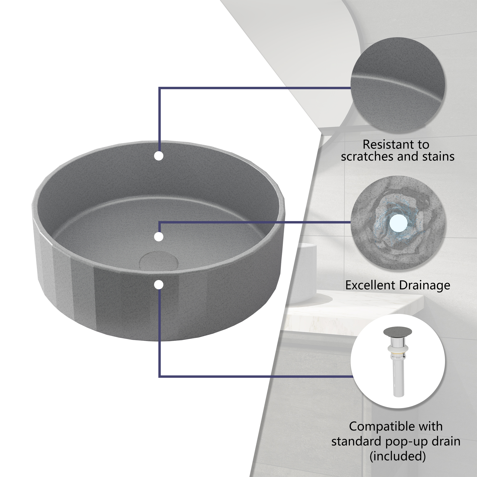 17in Bathroom Concrete Round Vessel Sink with Drainer in Black Earth / Mottled Bluish Grey / Taupe Clay