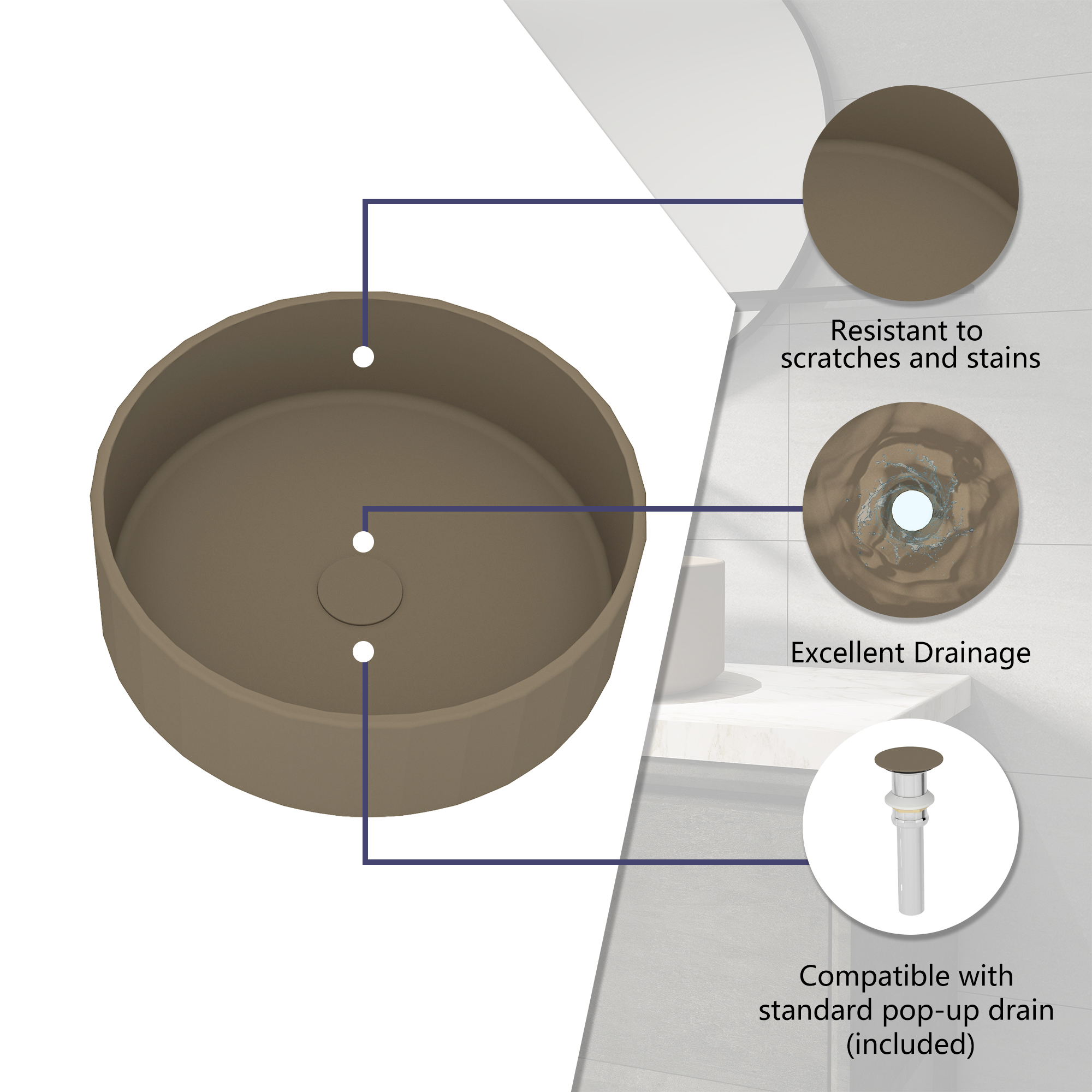 17in Bathroom Concrete Round Vessel Sink with Drainer in Black Earth / Mottled Bluish Grey / Taupe Clay