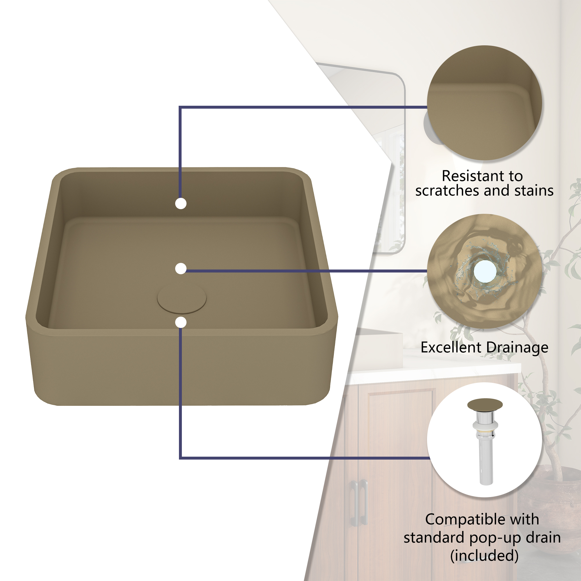 15in Bathroom Concrete Square Vessel Sink with Drainer in Mottled Bluish Grey / Cold Concrete Grey / Taupe Clay