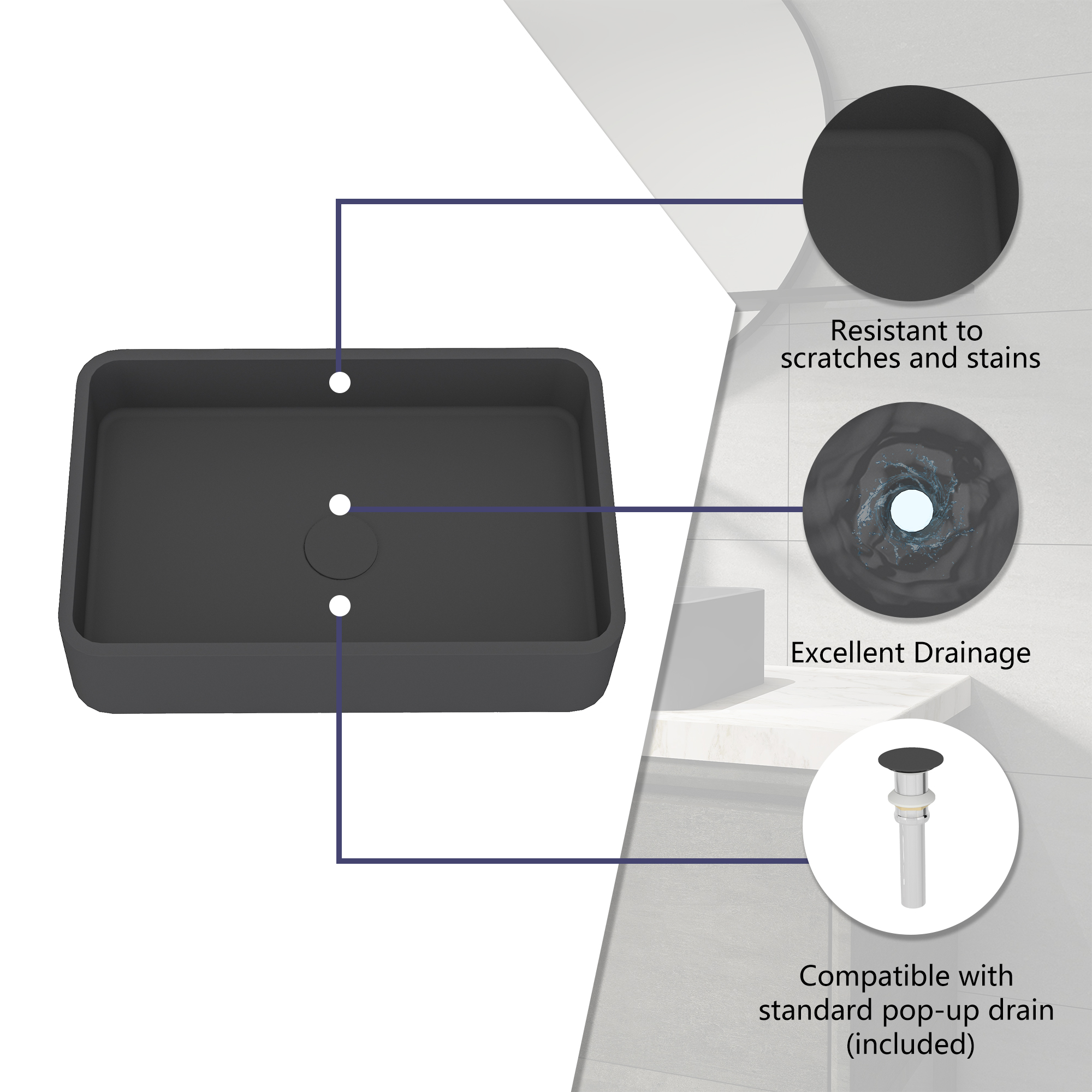 19in Bathroom Concrete Rectangular Vessel Sink with Drainer in Black Earth / Blue Ashes / Taupe Clay