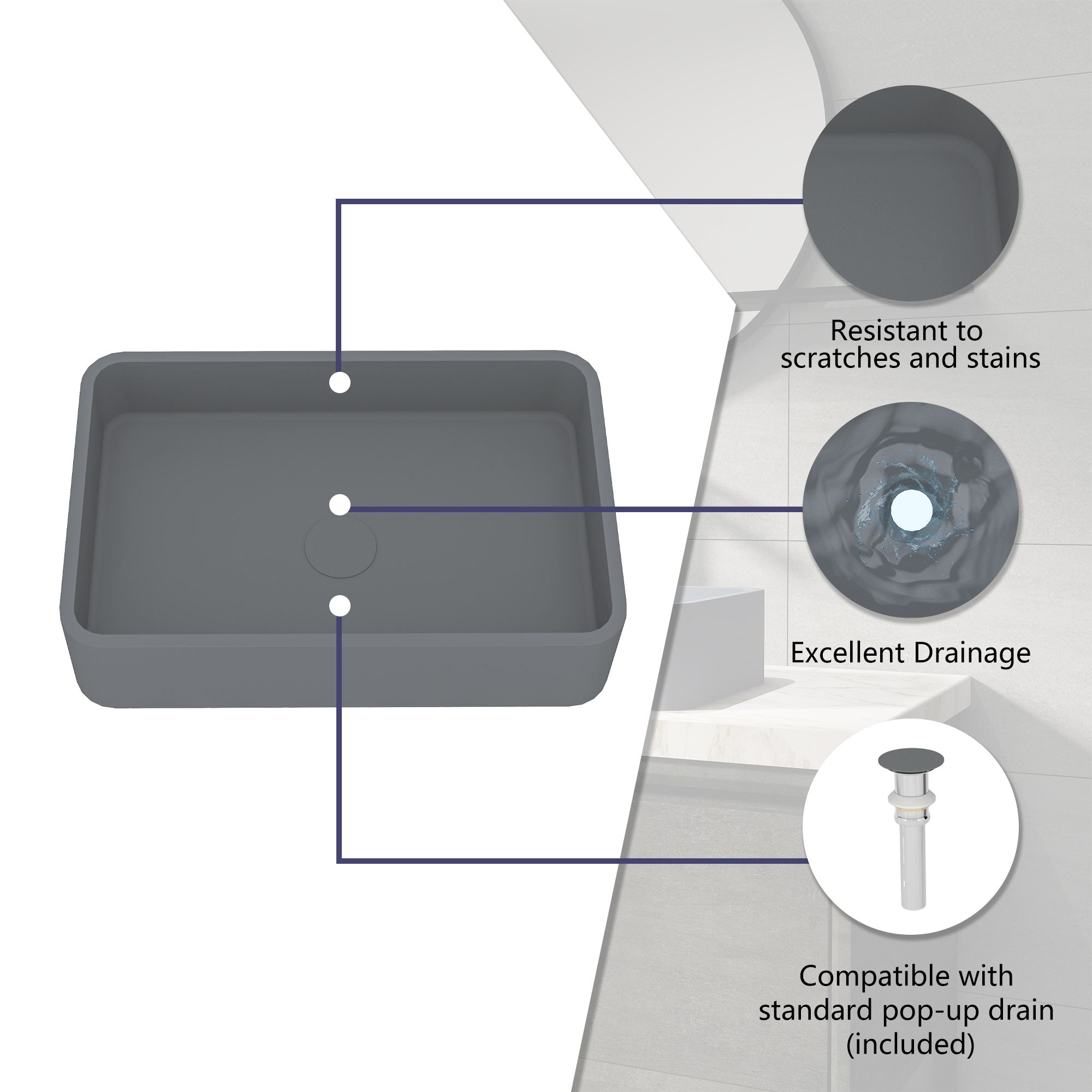 19in Bathroom Concrete Rectangular Vessel Sink with Drainer in Black Earth / Blue Ashes / Taupe Clay