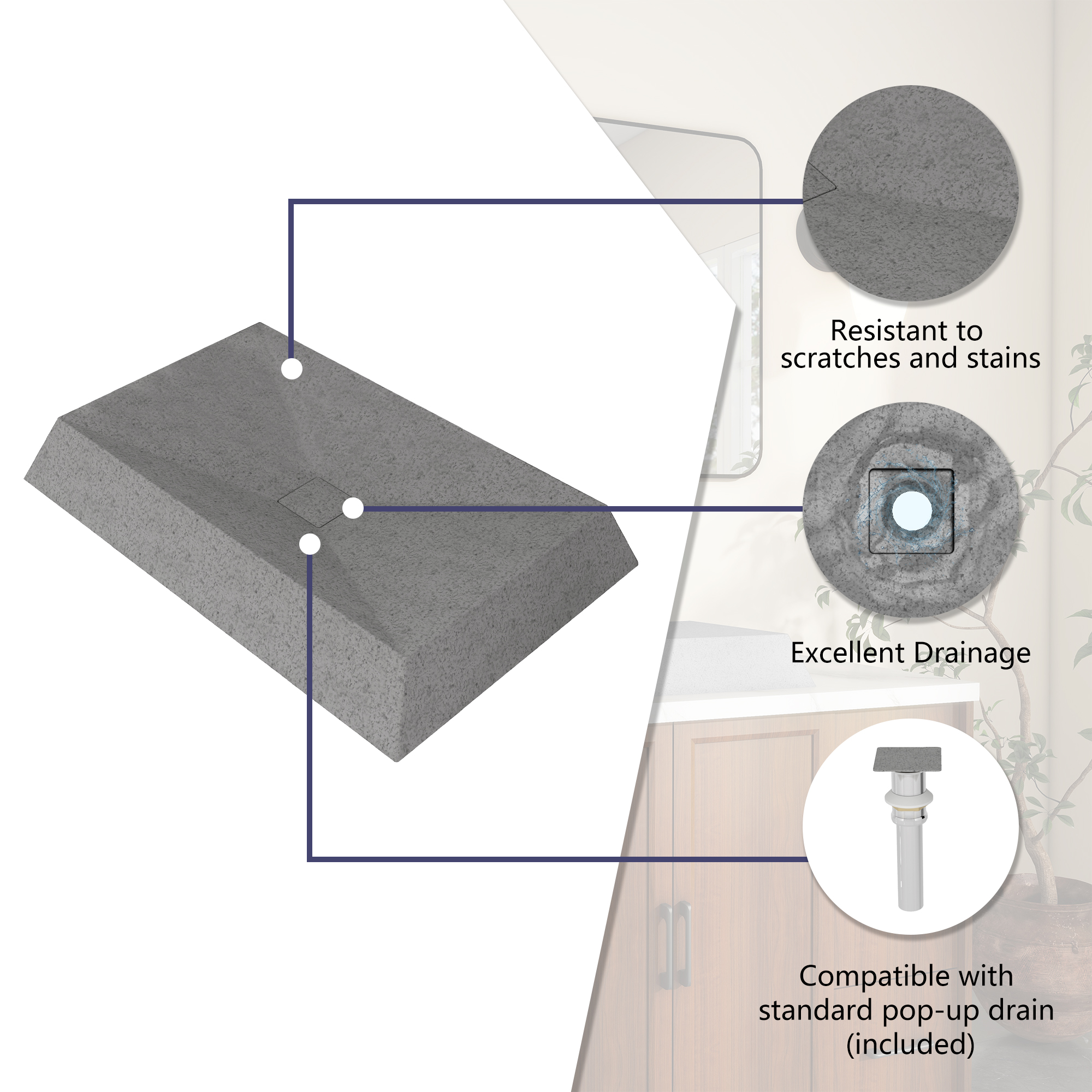 27in Bathroom Concrete Rectangular Vessel Sink with Drainer in Mottled Bluish Grey / Black Earth / Taupe Clay