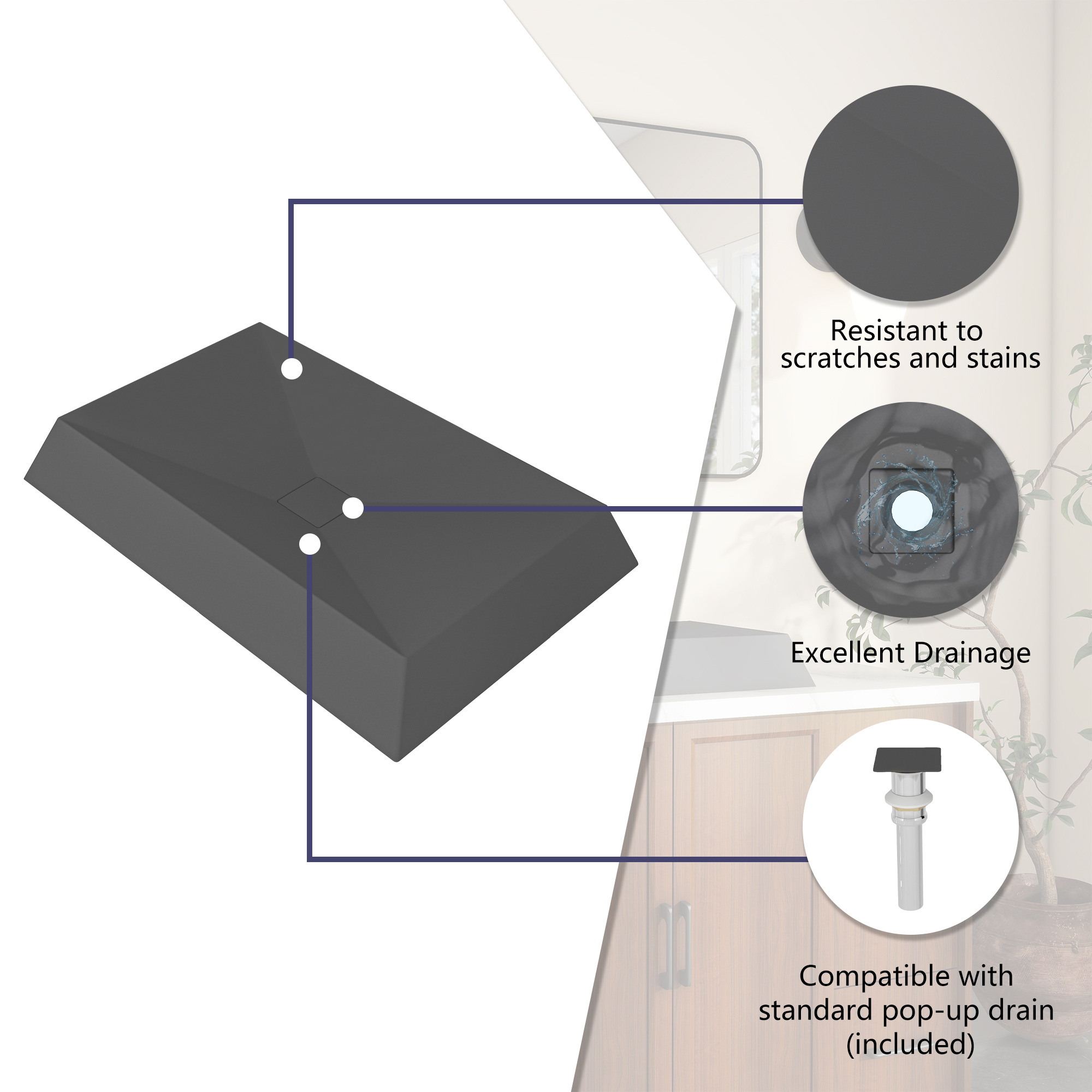 27in Bathroom Concrete Rectangular Vessel Sink with Drainer in Mottled Bluish Grey / Black Earth / Taupe Clay