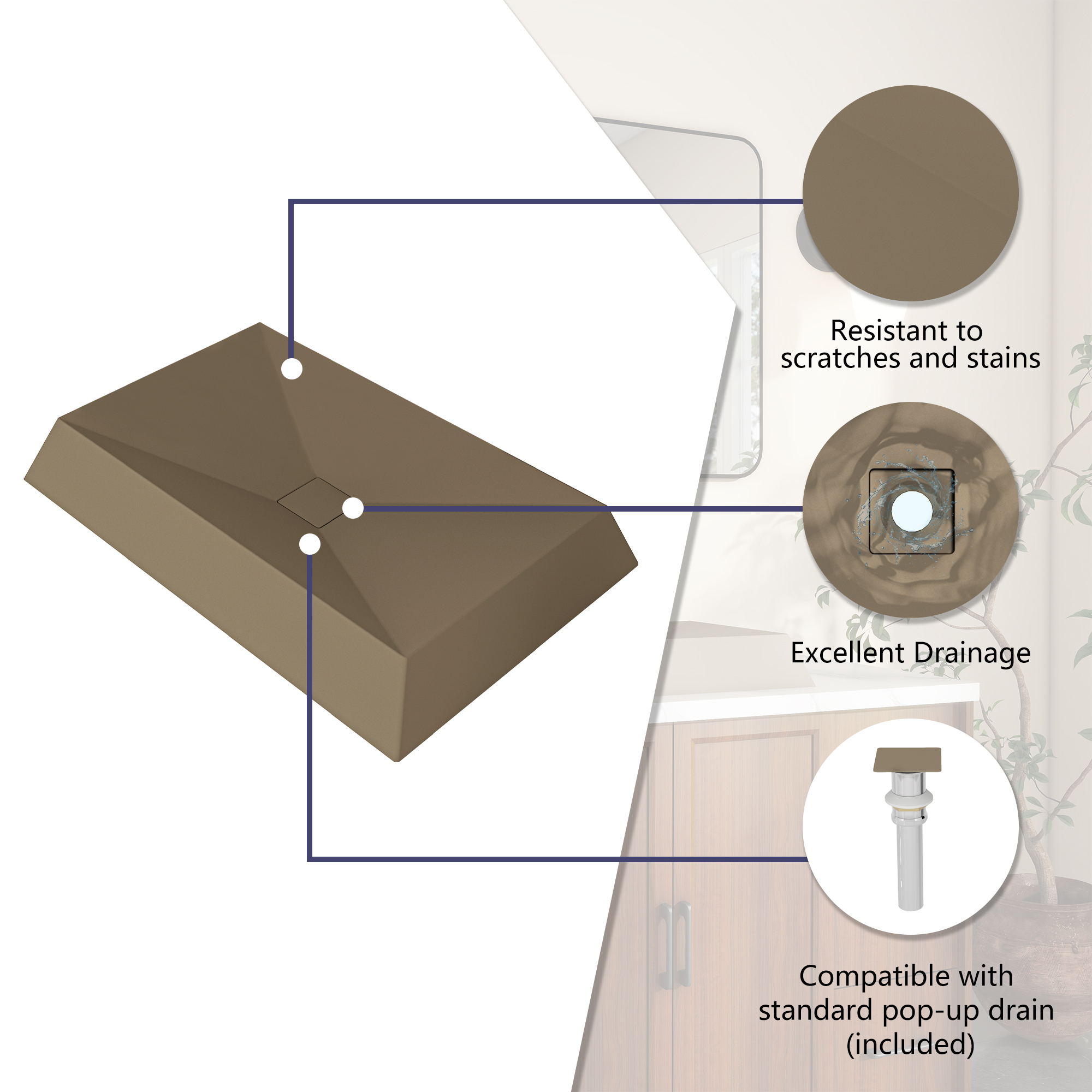 27in Bathroom Concrete Rectangular Vessel Sink with Drainer in Mottled Bluish Grey / Black Earth / Taupe Clay