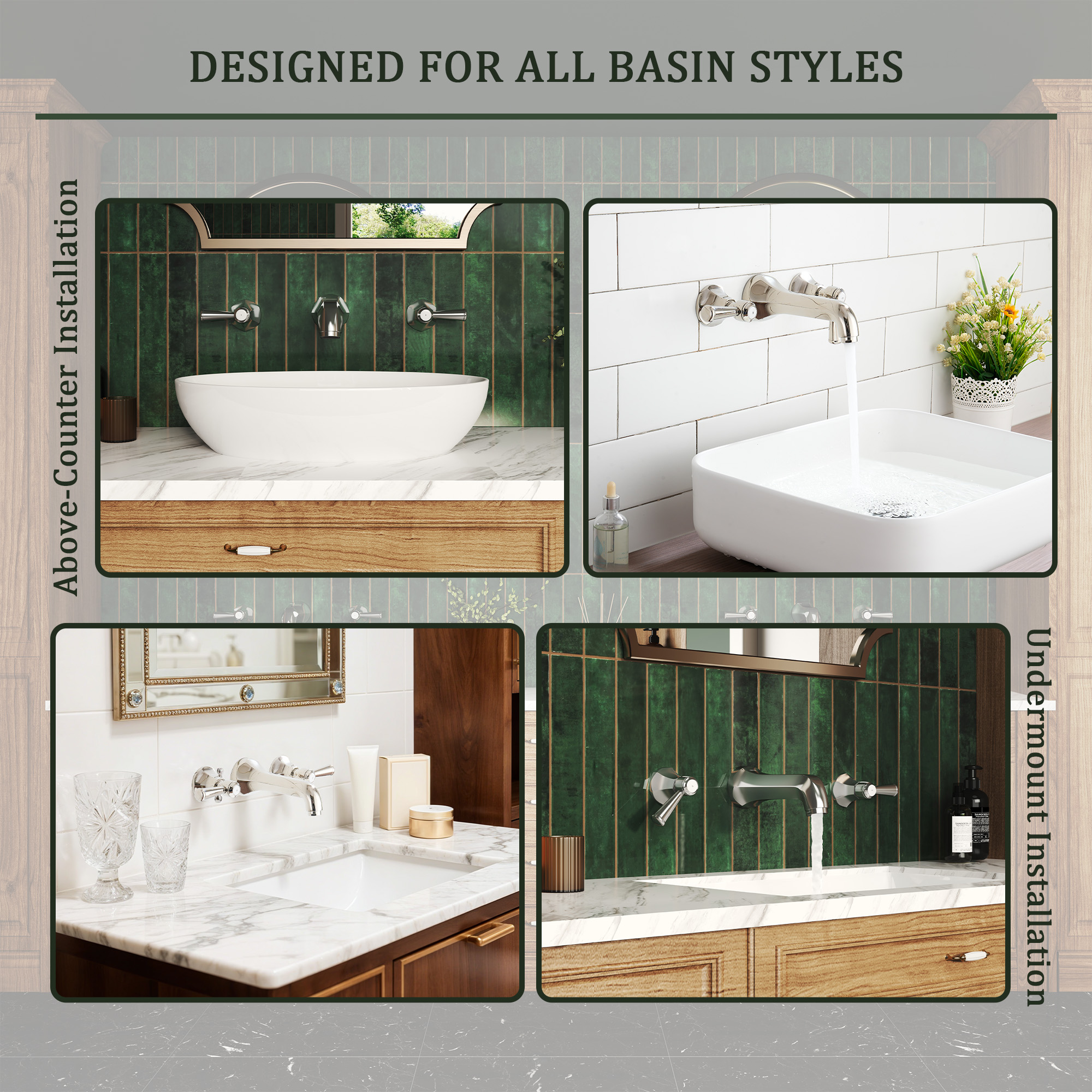 Polished Nickel Dual Handle Wall Mounted Bathroom Faucet - HEXAGON