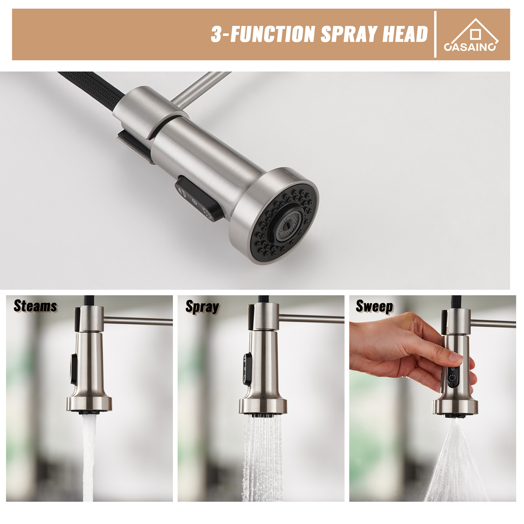 Modern Kitchen Faucet with Pull-Down Sprayer, 360° Swivel, Three Functions for Effortless Cooking and Cleaning