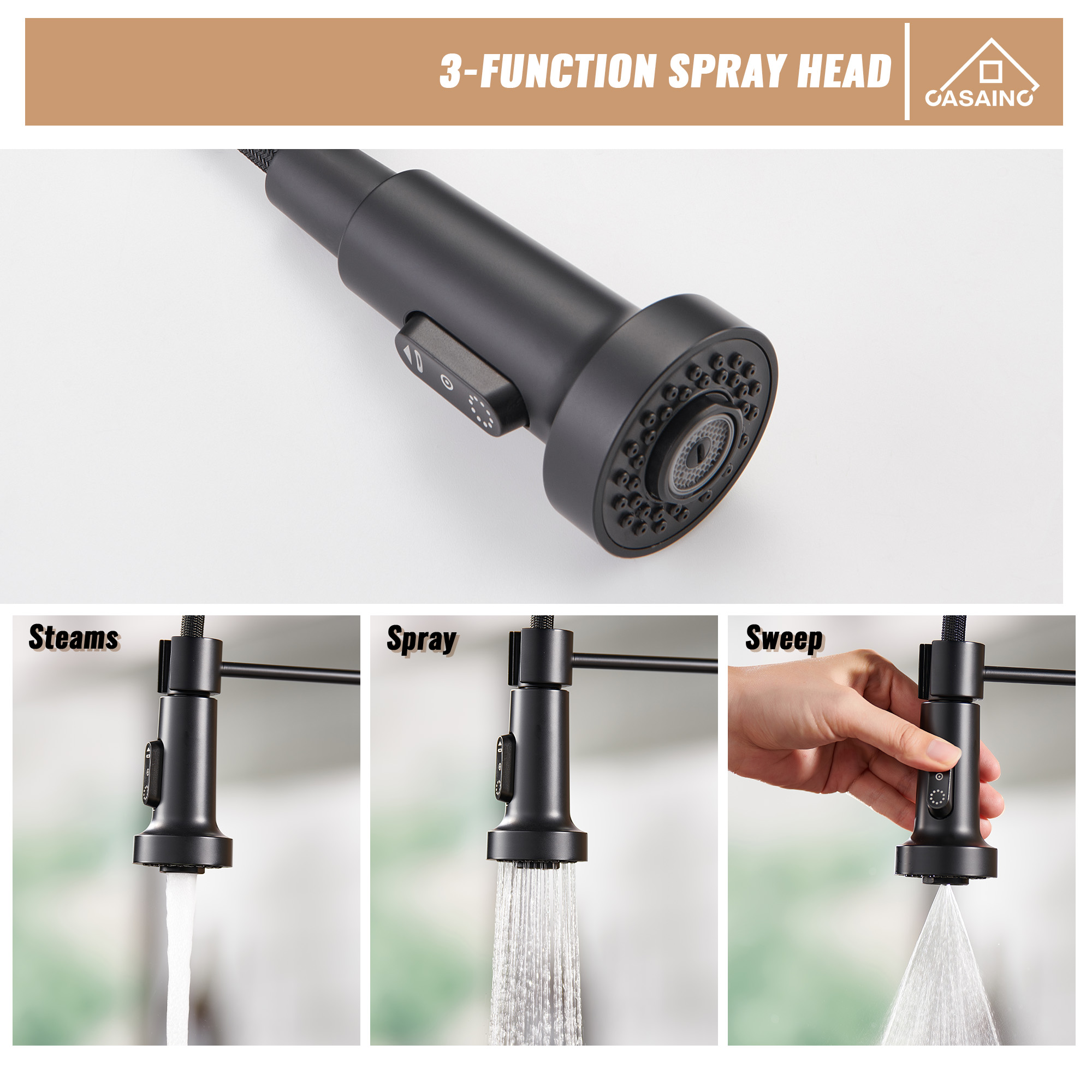 Modern Kitchen Faucet with Pull-Down Sprayer, 360° Swivel, Three Functions for Effortless Cooking and Cleaning