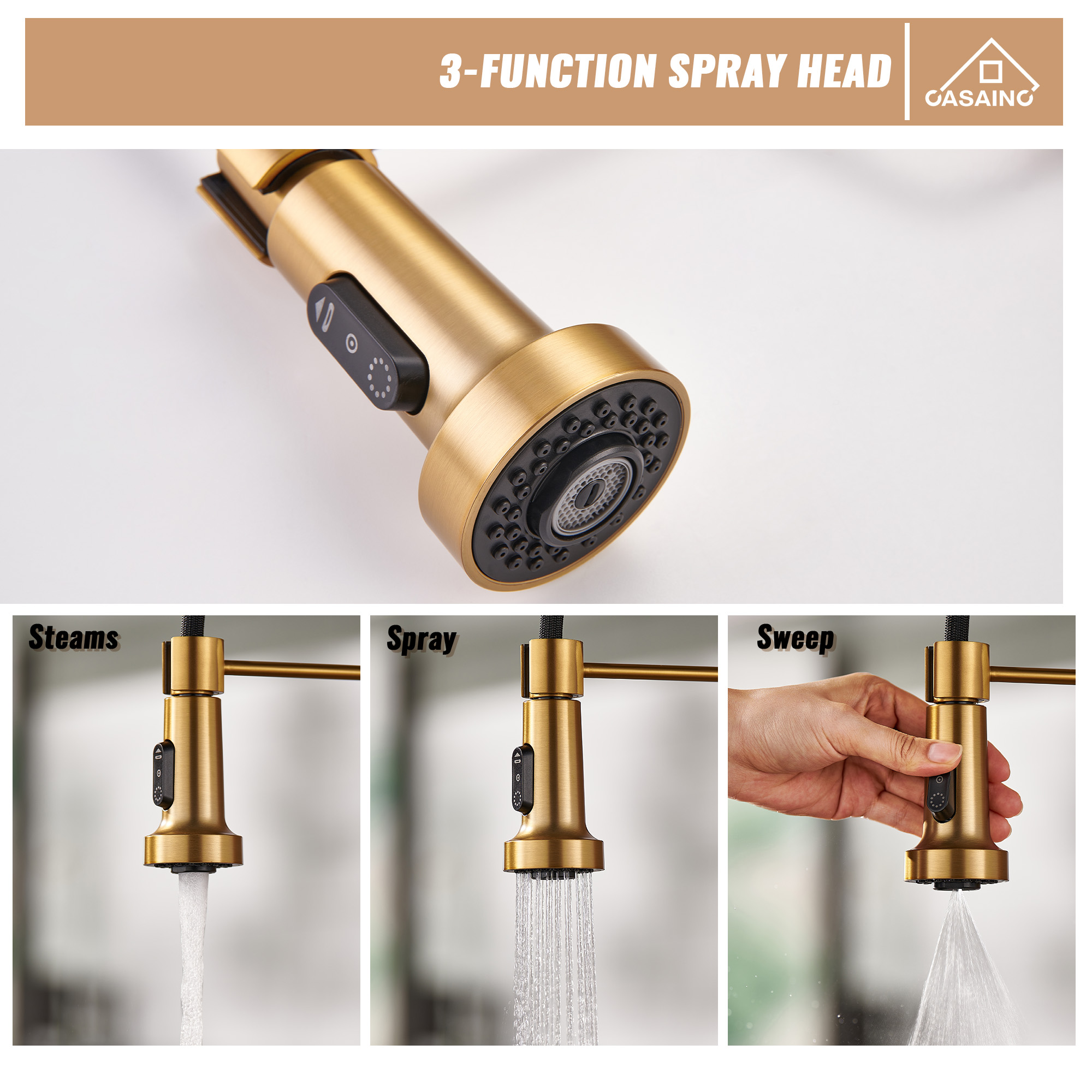 Modern Kitchen Faucet with Pull-Down Sprayer, 360° Swivel, Three Functions for Effortless Cooking and Cleaning