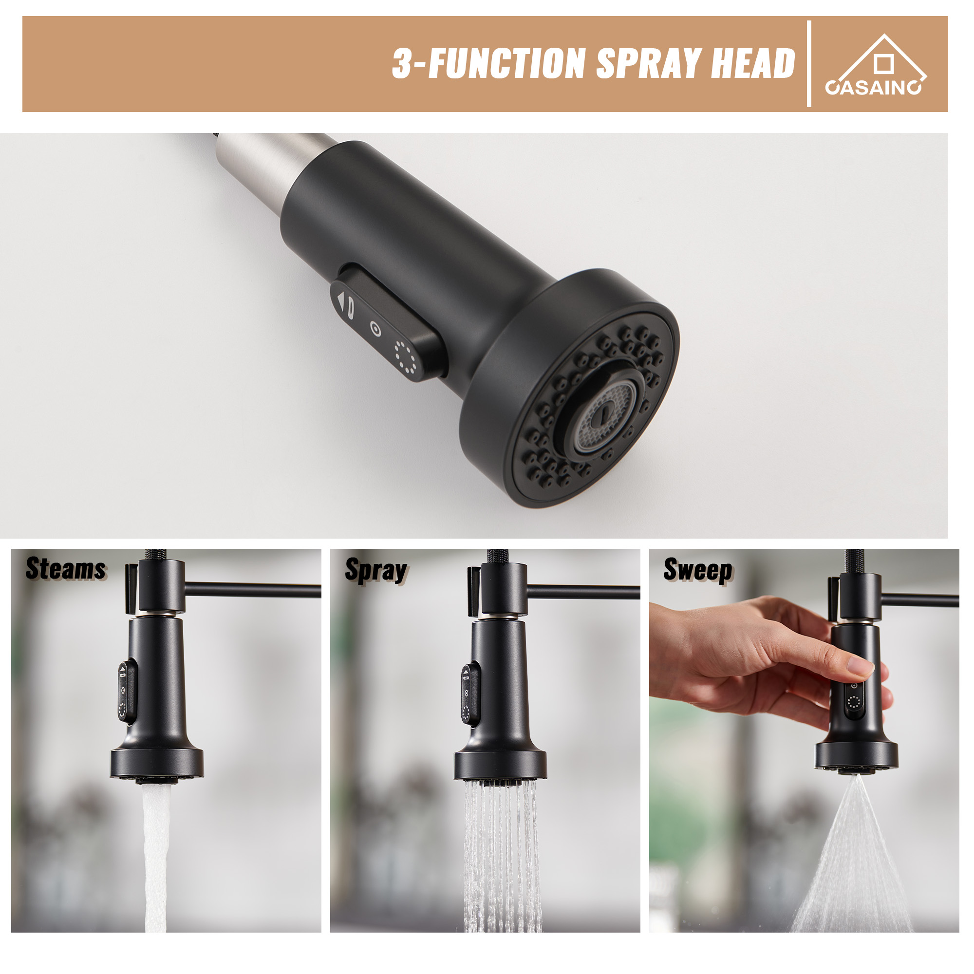 Modern Kitchen Faucet with Pull-Down Sprayer, 360° Swivel, Three Functions for Effortless Cooking and Cleaning