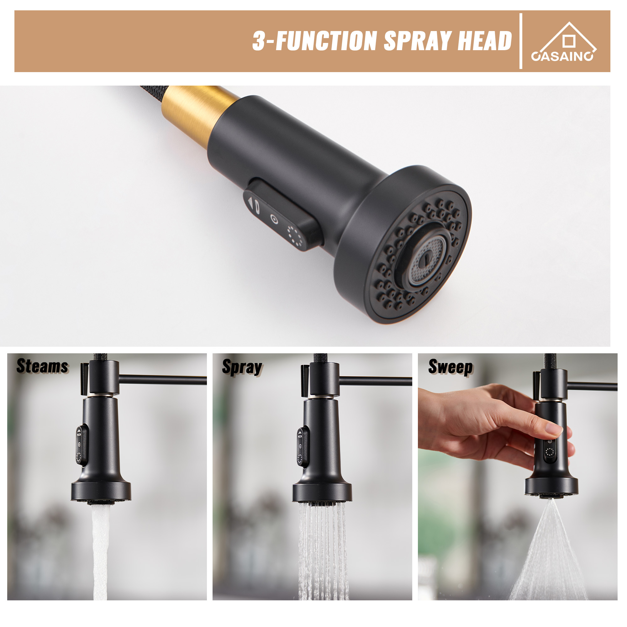 Modern Kitchen Faucet with Pull-Down Sprayer, 360° Swivel, Three Functions for Effortless Cooking and Cleaning