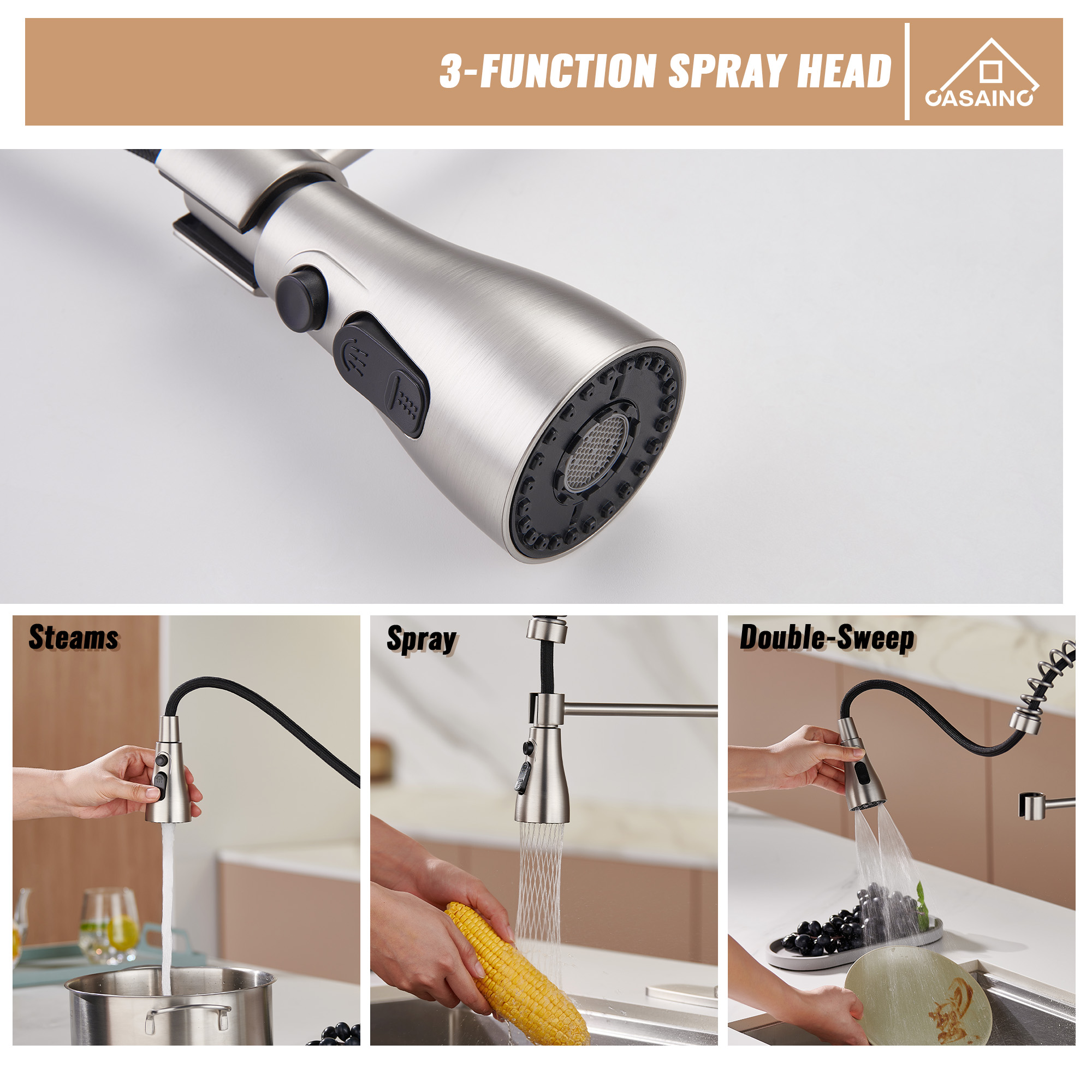  Pull-Down Sprayer Kitchen Faucet with 360° Swivel, Three Functions for Effortless Cooking and Cleaning